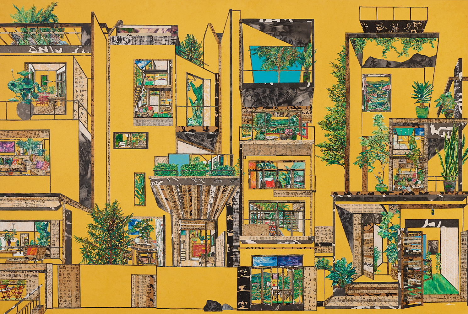 마주한 날 1, 130×194cm, 한지에 고서꼴라쥬, 수묵, 아크릴, 2025