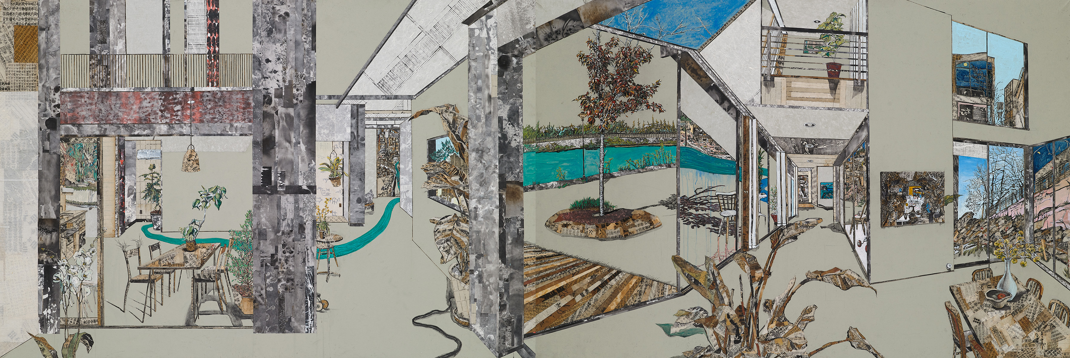 마침내 드러난 기억 1&2, 130.3×388cm, 한지에 고서꼴라쥬, 수묵, 아크릴, 2018
