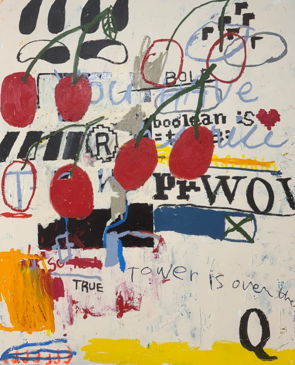 하남_유령,체리,자바코드, Mixed Media (acrylic & oil stick) on Canvas, 162.2 x 130.3cm, 2025