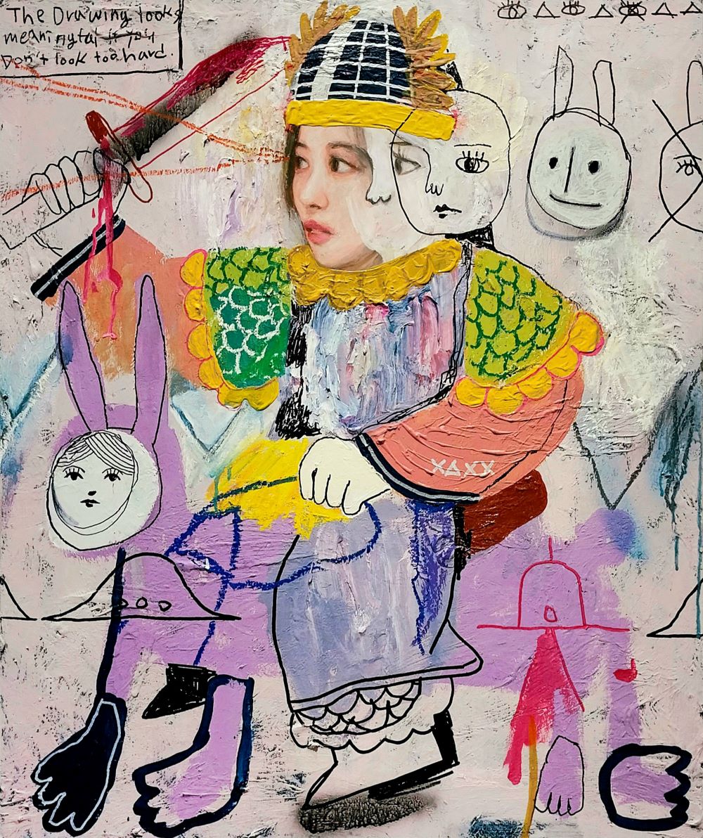 Asian General,
acrylic, oil pastel and marker pen on paper mounted on wood panel,
72.7cm x 60.6cm, 2025 