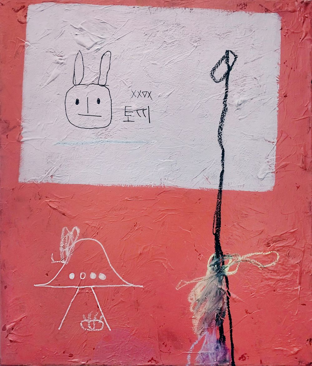 Bunny box 2, 
acrylic, oil pastel and marker pen on canvas
53.0cm x 45.5cm, 2025