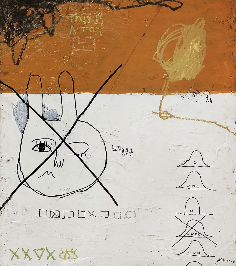 0332
,acrylic, oil pastel and marker pen on wood panel
53.0cm x 45.5cm (10호), 2025