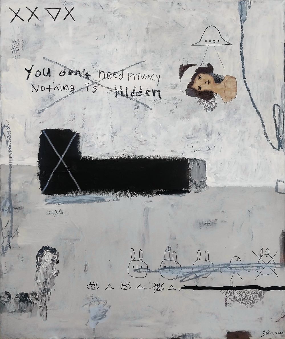 logged, acrylic, oil pastel and marker pen on canvas,
72.7cm x 60.6cm, 2026