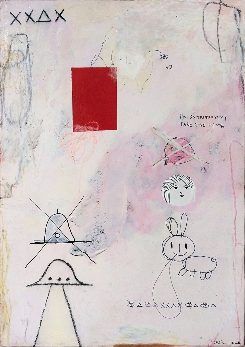 Reaction,
acrylic,oil pastel and marker pen on paper mounted on wood panel,
52.0cm x 36.0cm, 2026