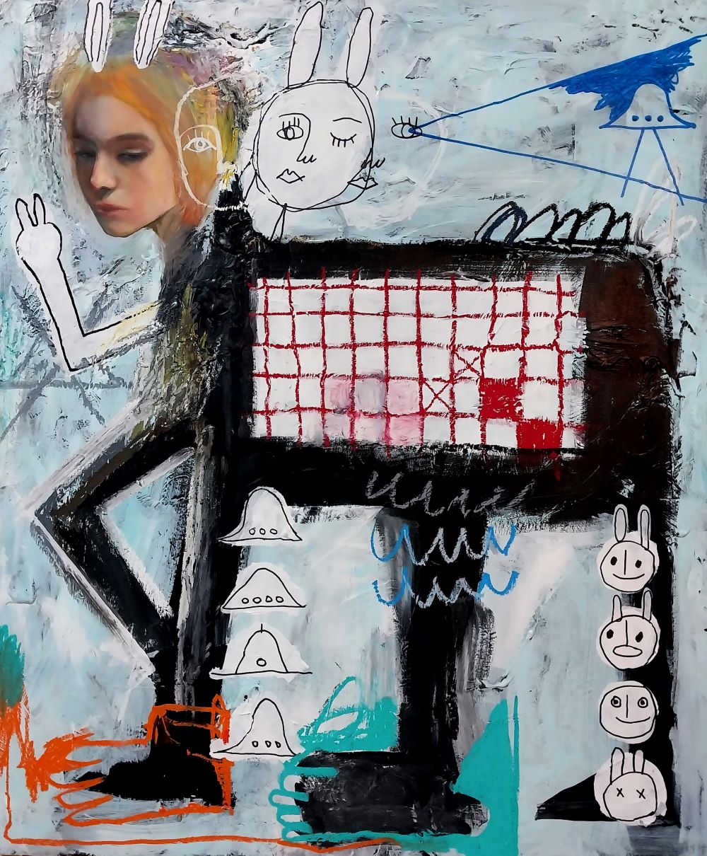 recovered,
acrylic, oil pastel and marker pen on paper mounted on wood panel,
72.7cm x 60.6cm, 2025