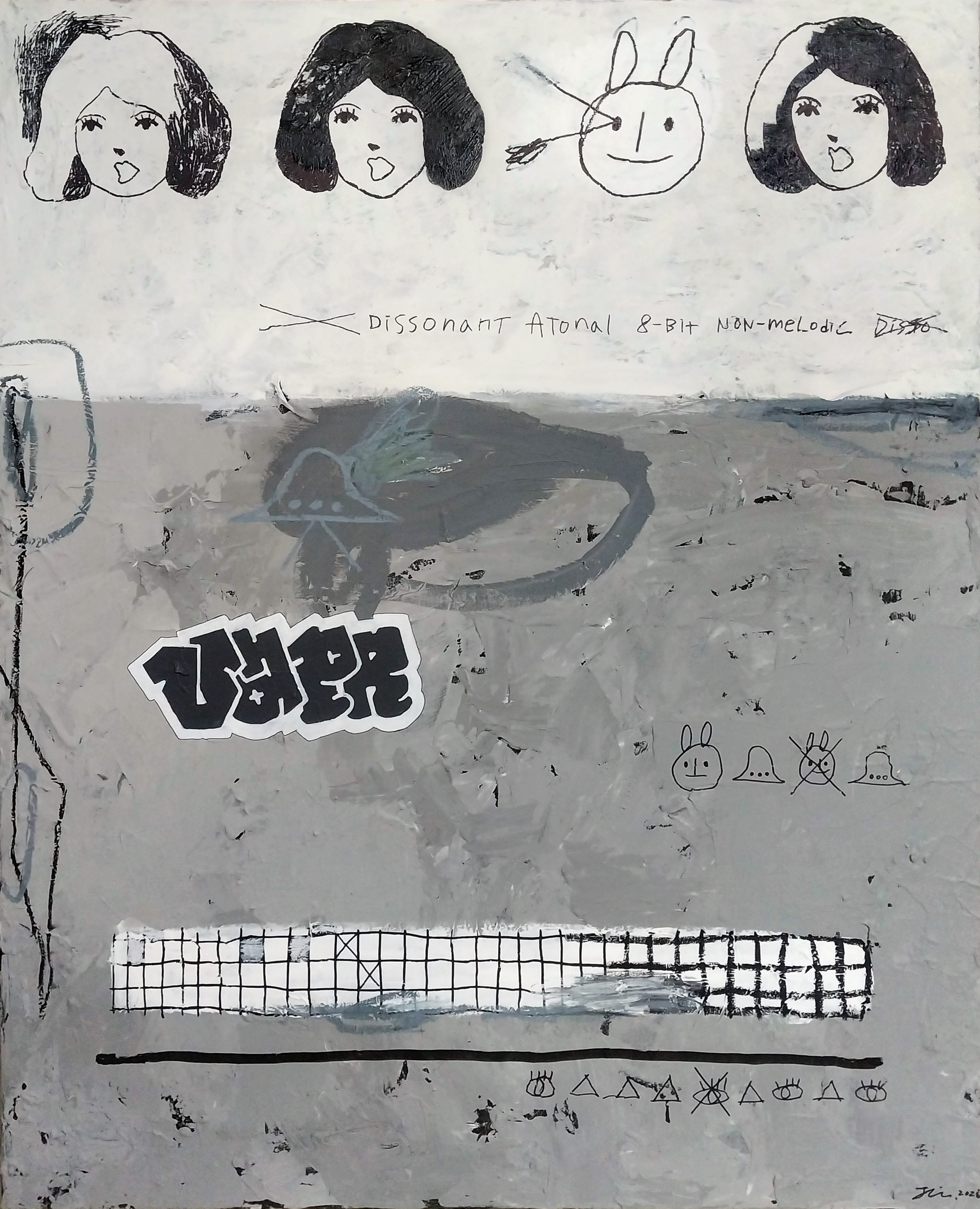 Vapor, Acrylic, oil pastel and marker pen on canvas, 90.9x72.7cm, 2026