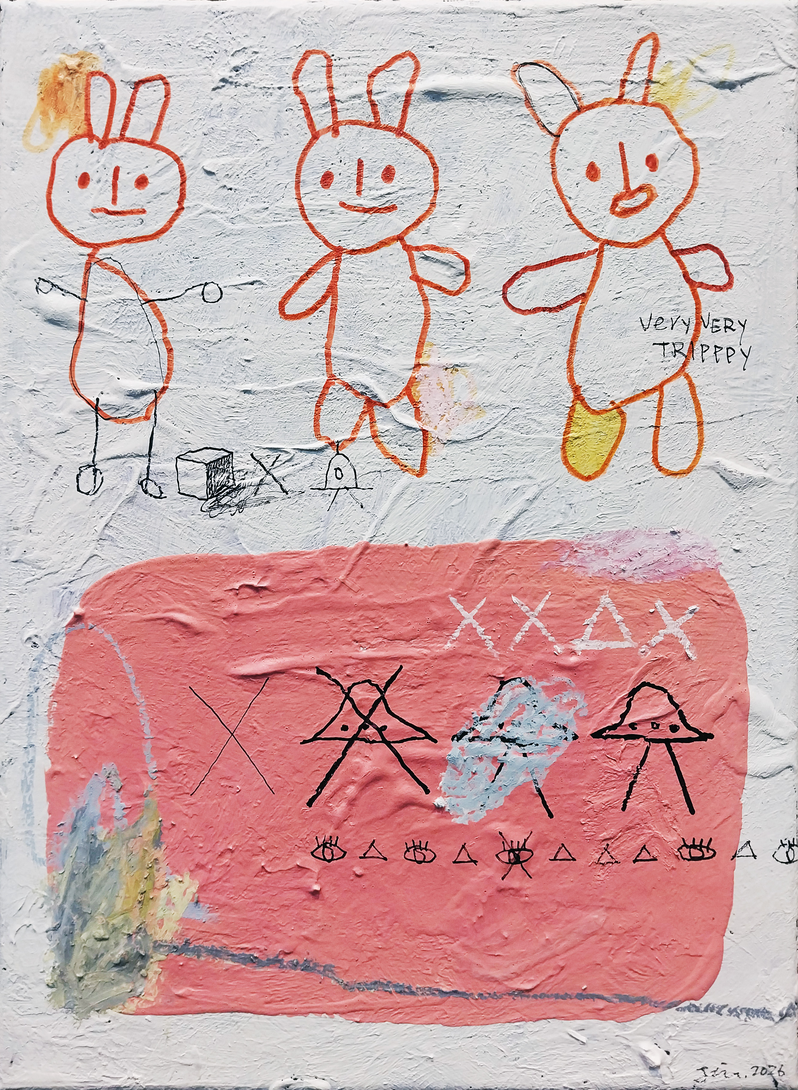 Very very very trippy, Acrylic, oil pastel and marker pen on canvas, 34.8x27.3cm, 2026