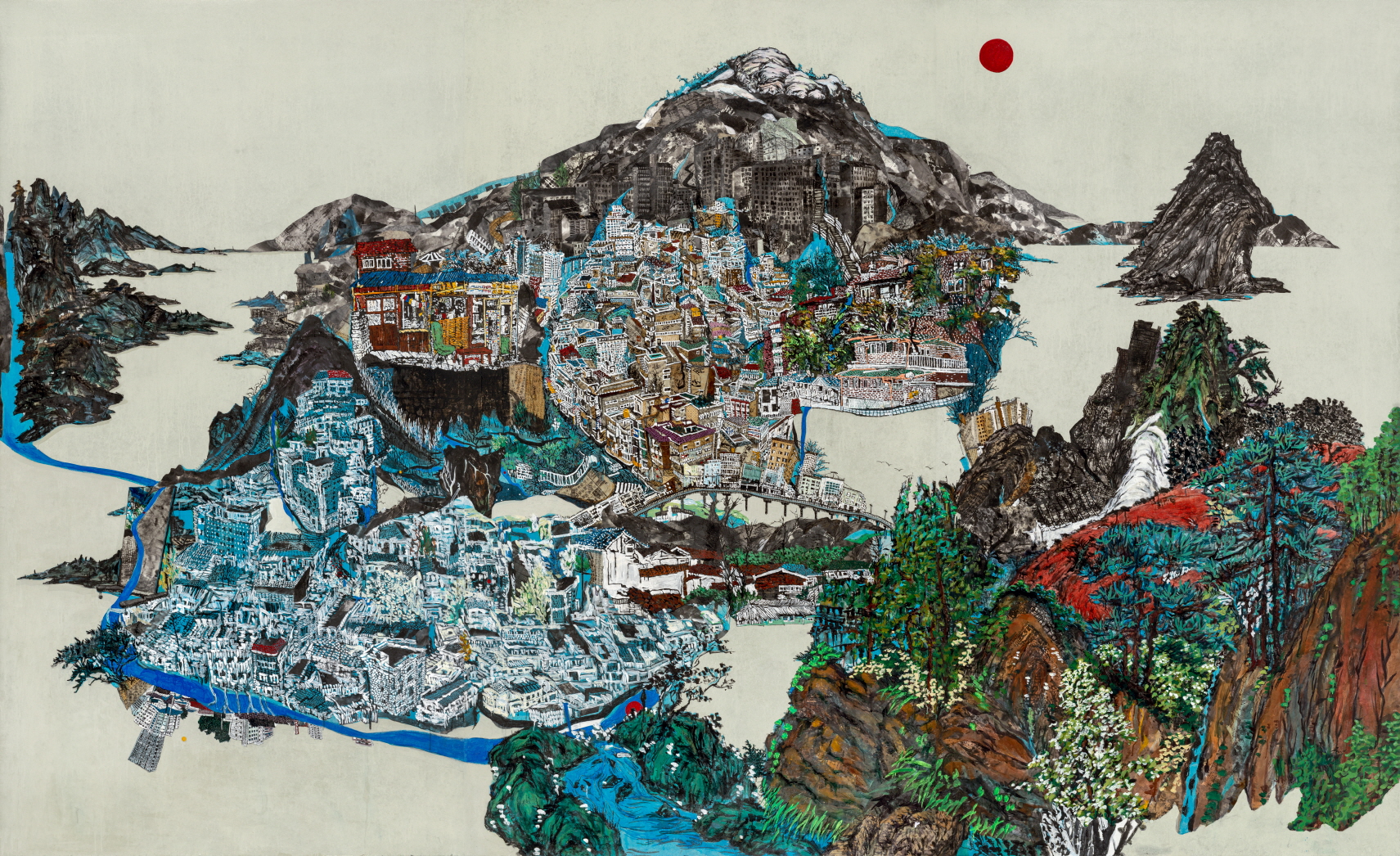 권인경, Heart-land2016, 290×470cm, 한지에 고서꼴라쥬, 수묵채색, 아크릴, 2016 