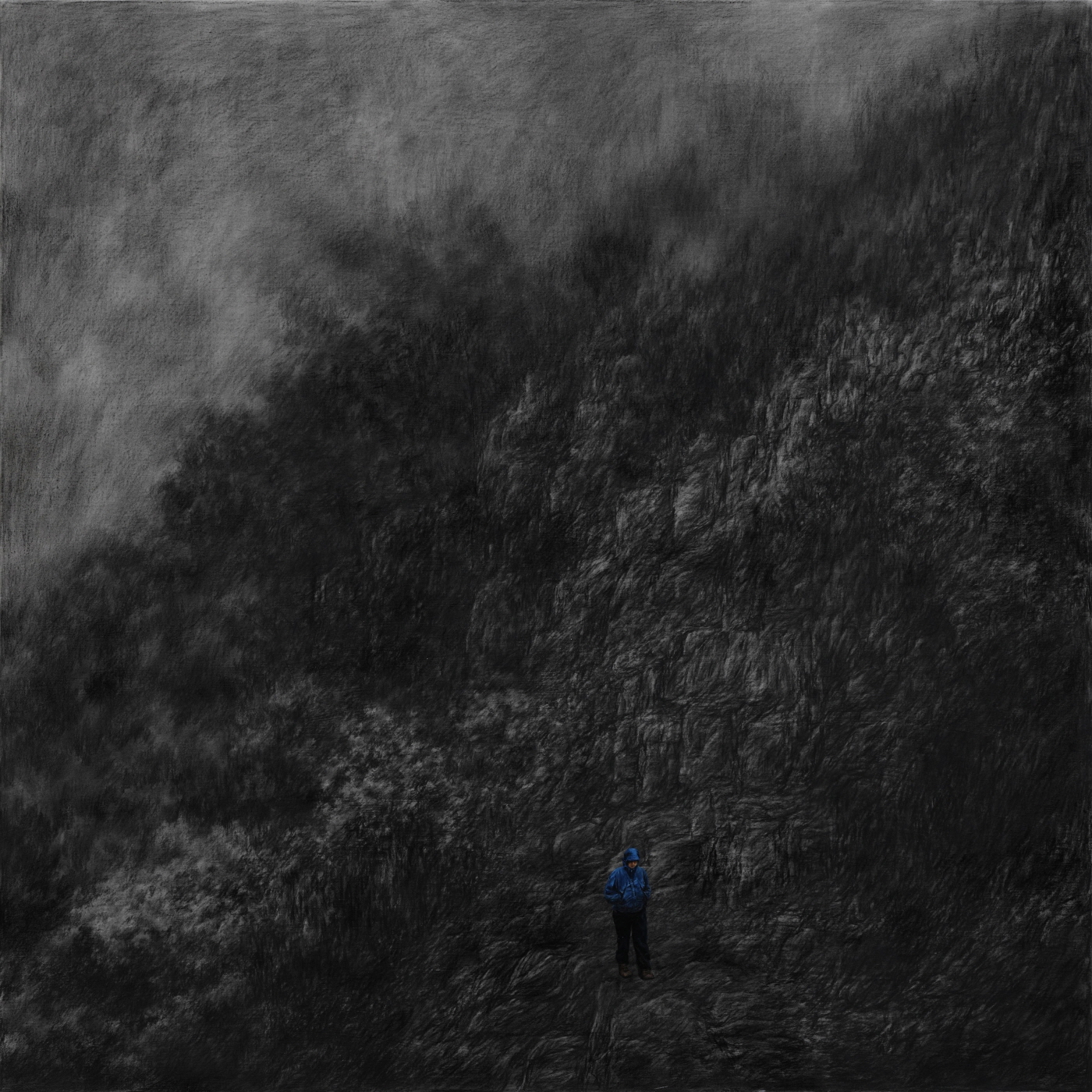 이경하-내려오는사람,97x97cm, charocoal and oil on canvas, 2014 