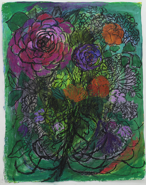 허윤희-녹색 꽃다발,83x 63 cm. acrylic, charcoal, oil pastel on paper, 2017,