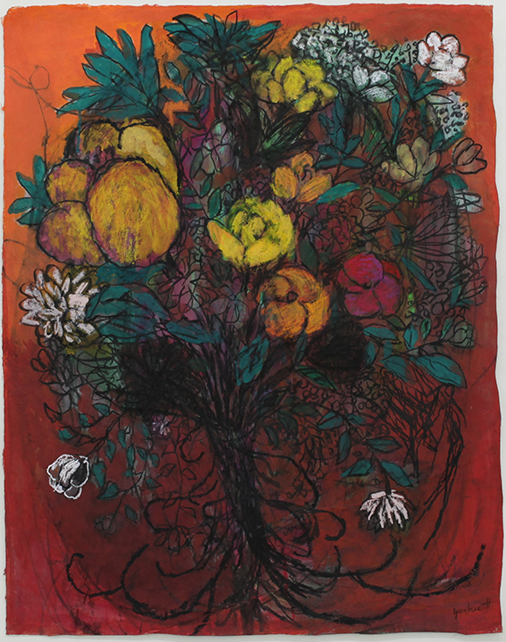 허윤희-붉은 꽃다발,,83x 63 cm,acrylic, charcoal, oil pastel on paper,  2017