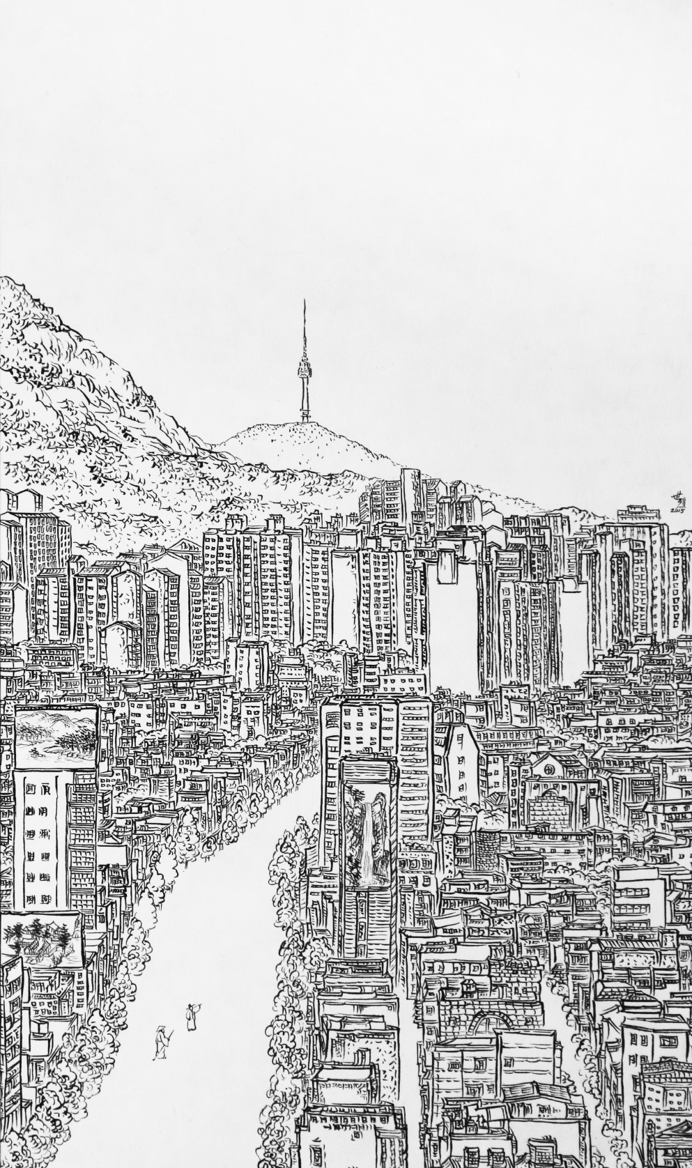 윤세열_山水-남산 가는 길_비단에 먹_49x29cm_2015