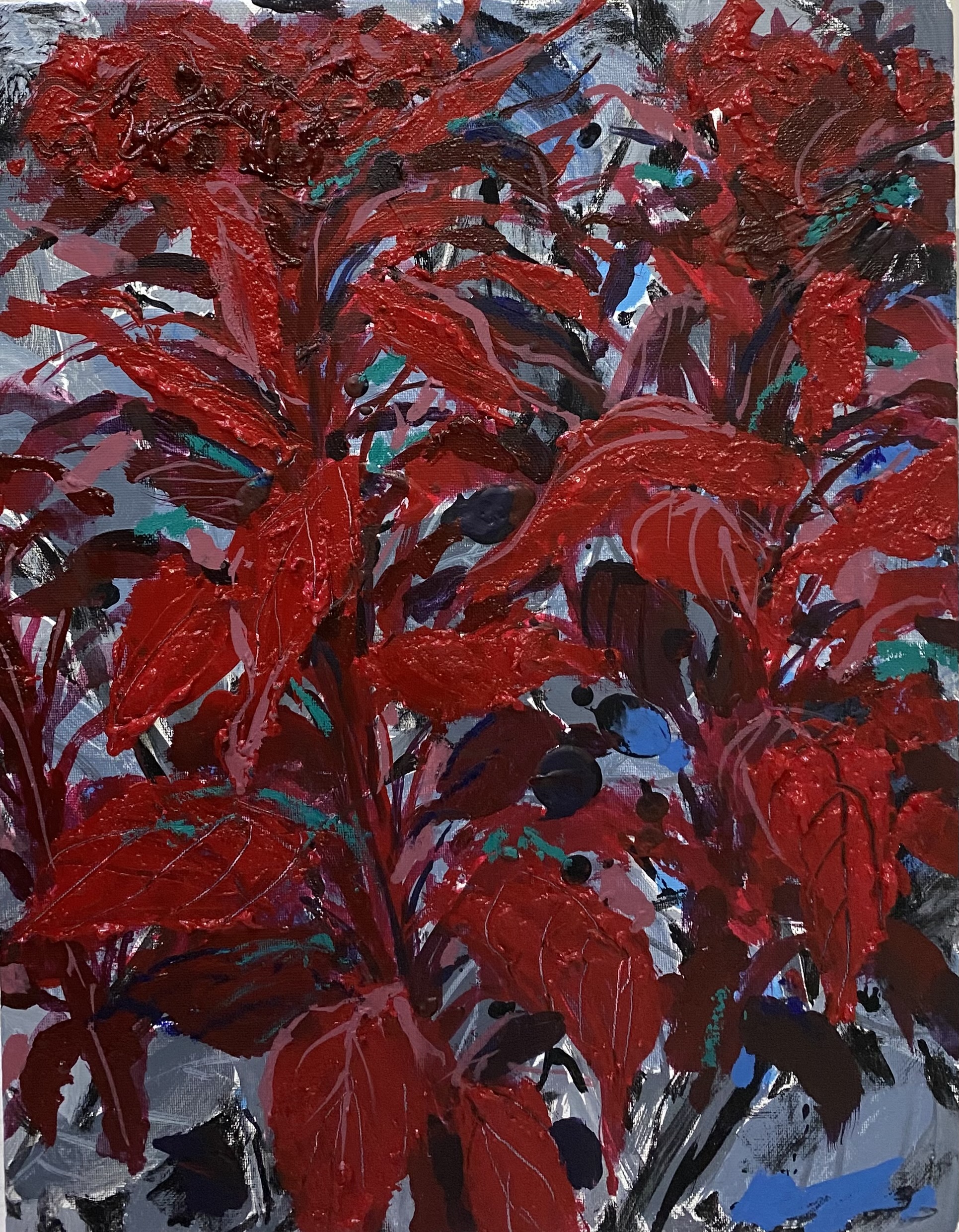 강남역 맨드라미, acrylic and oil stick on canvas board, 35x27cm, 2023.