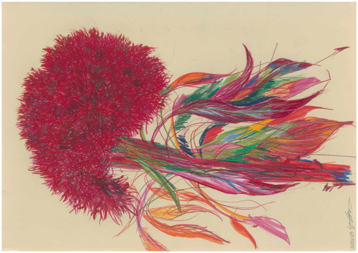 강남역 맨드라미 1, acrylic and color pencil on paper, 42x29.7cm, 2022