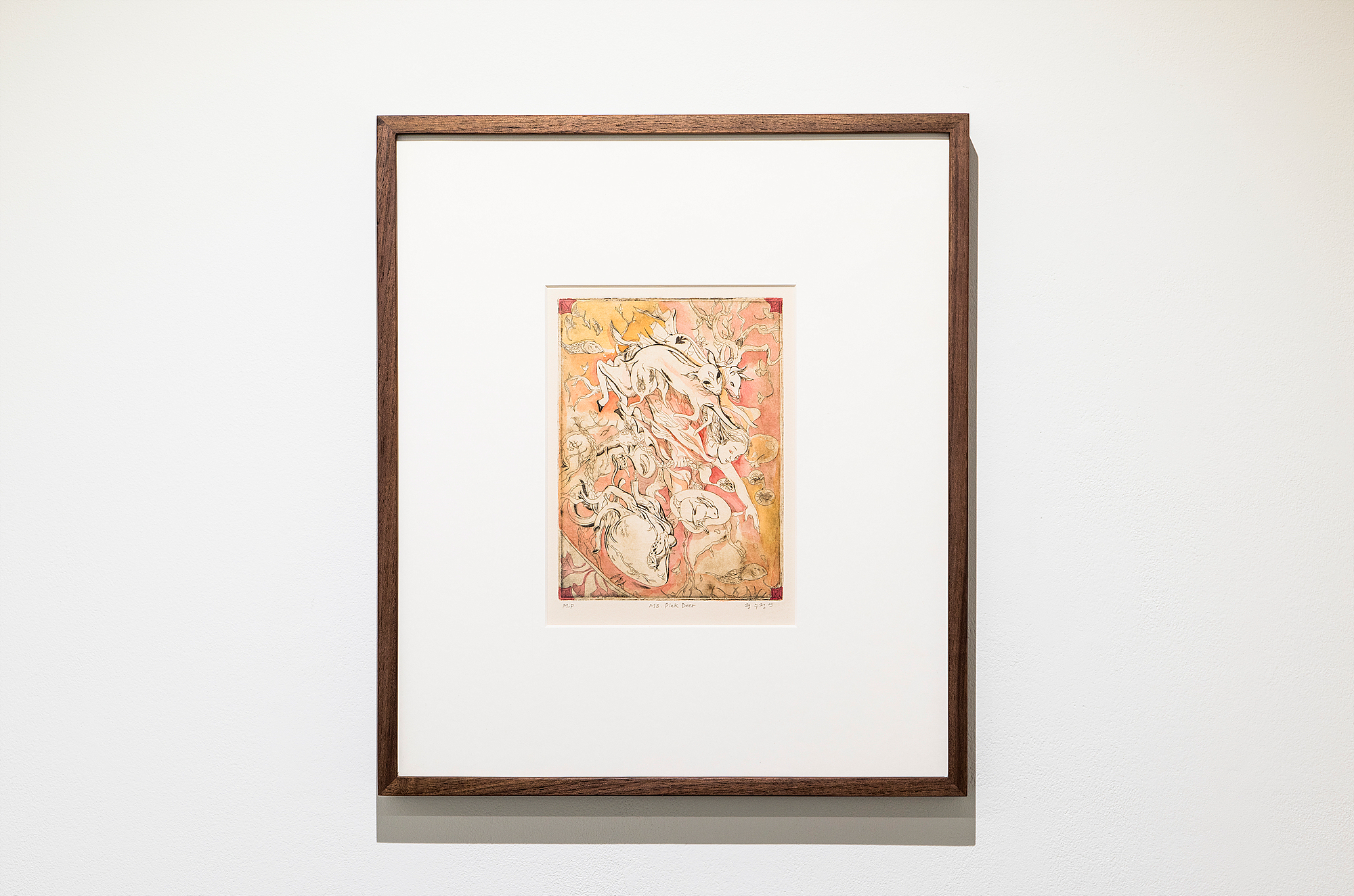 [정수정] Ms Pink Deer, 2023, etching and watercolor on paper, 19.5 x 15cm