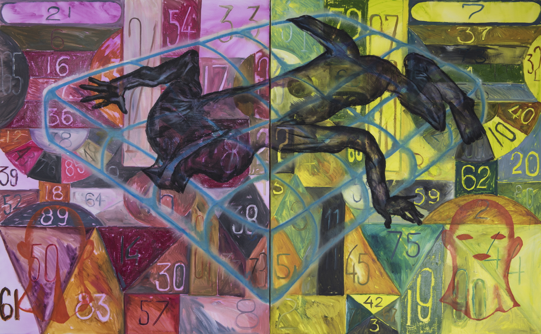 Morphing Training(skin and one to ninety), Oil and charcoal on canvas,80x200cm, 2023