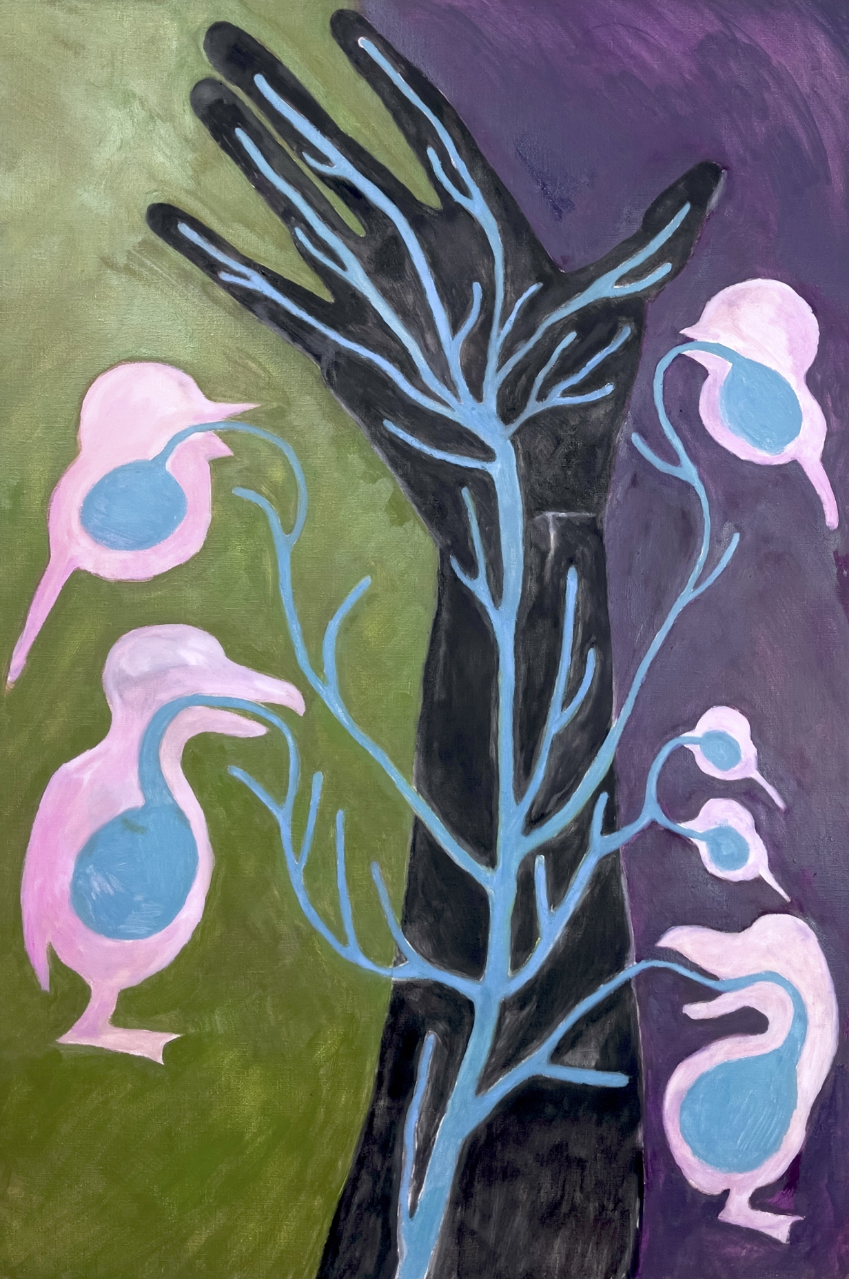 Treed Codependency(Feeding form veins), Oil and charcoal on canvas, 91x60.6cm, 2023