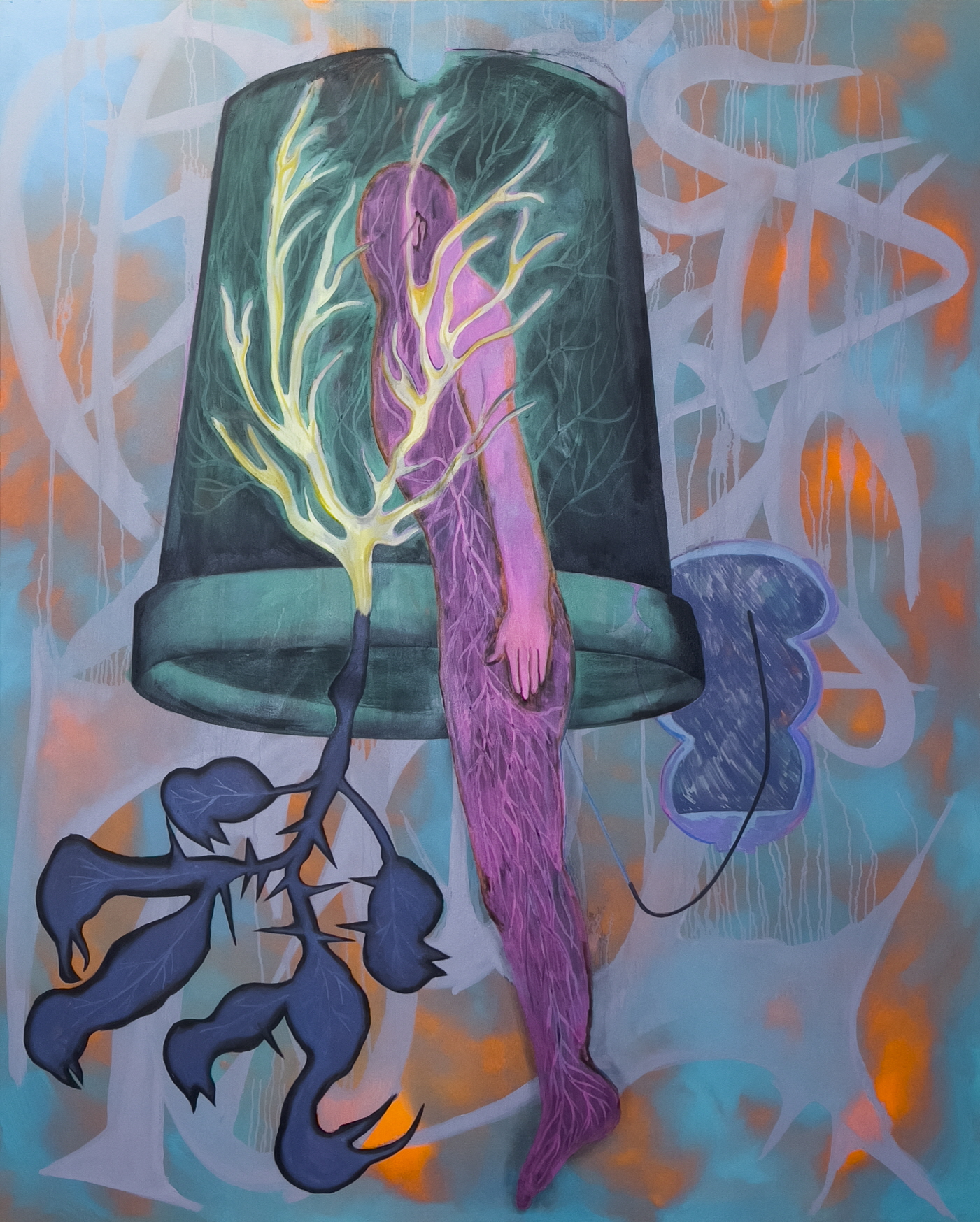 Treed Codependency(Green pot), Oil and charcoal on canvas, 160x130cm, 2023