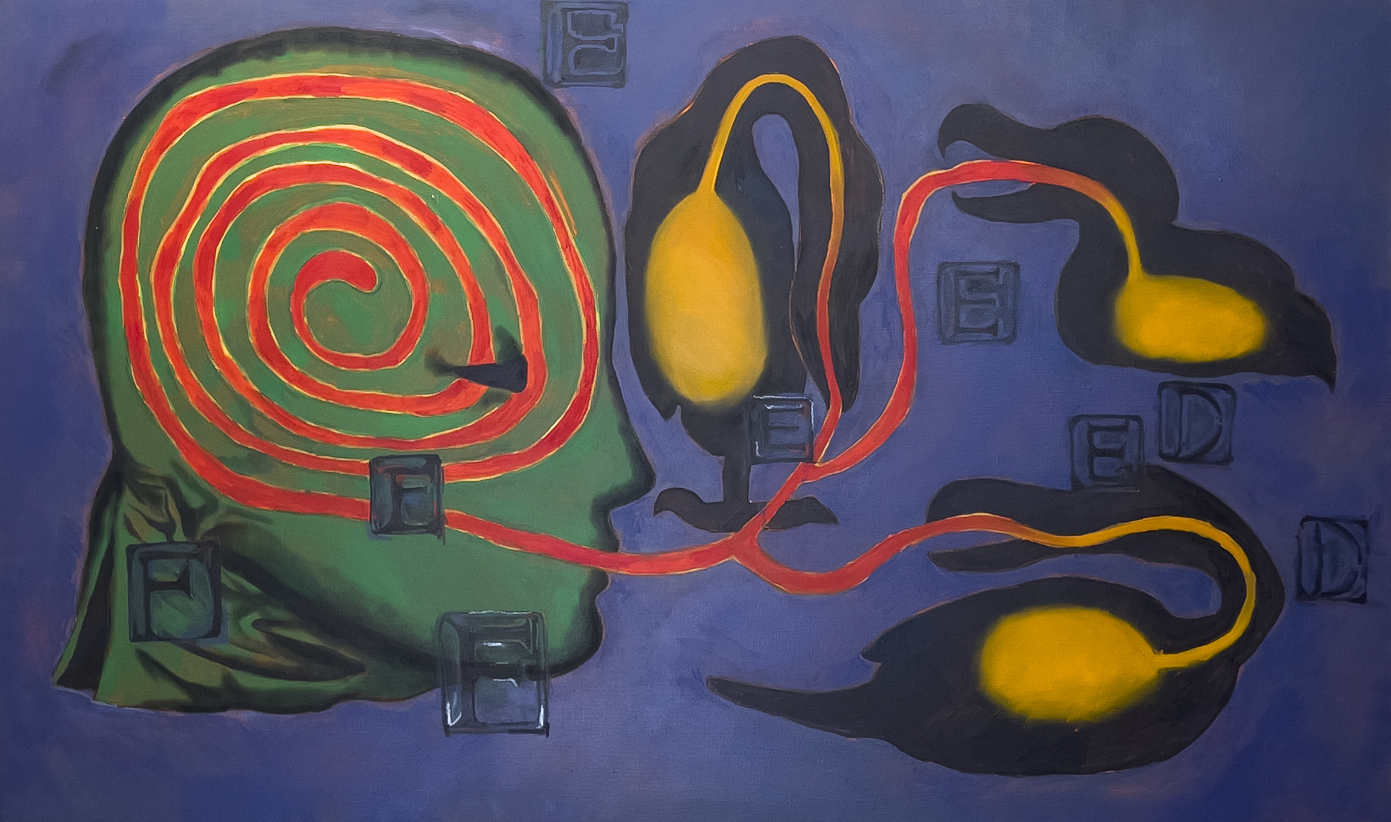 Treed Codependency(Vortex in the head), Oil and charcoal on canvas,97x162cm, 2023