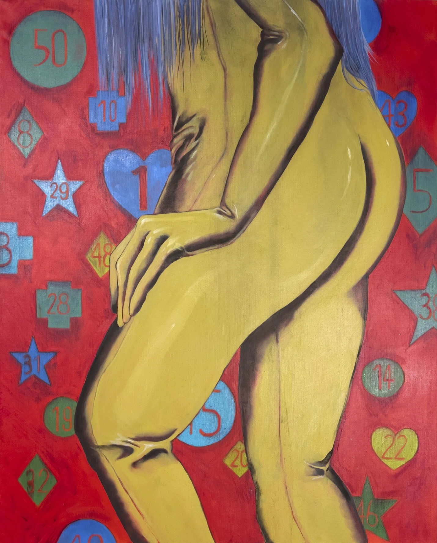 Treed Codependency(Yellow body suits and Blue hair), Oil and charcoal on canvas, 100x80.3cm, 2023