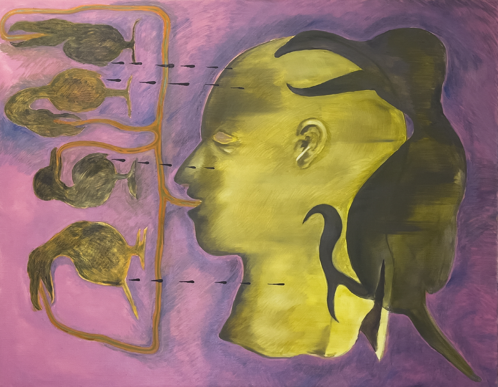 Treed Codependency(Yellow mask with five birds), Oil and charcoal on canvas, 116.7x91cm, 2023