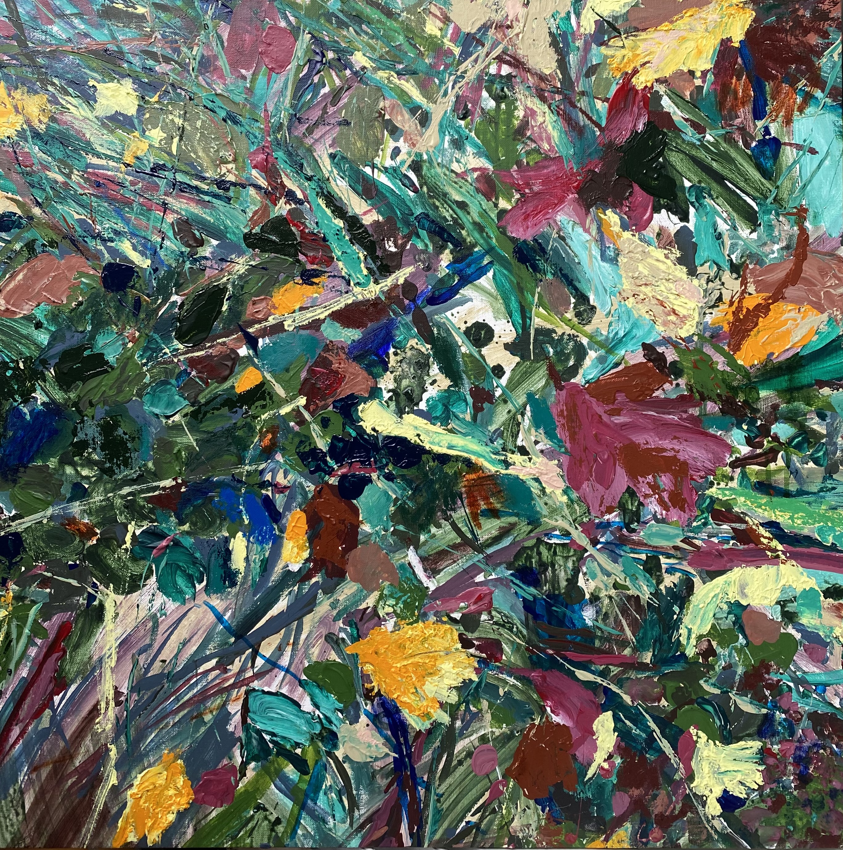 The Next Leaves’, acrylic and oil stick on canvas, 70x70cm, 2023 