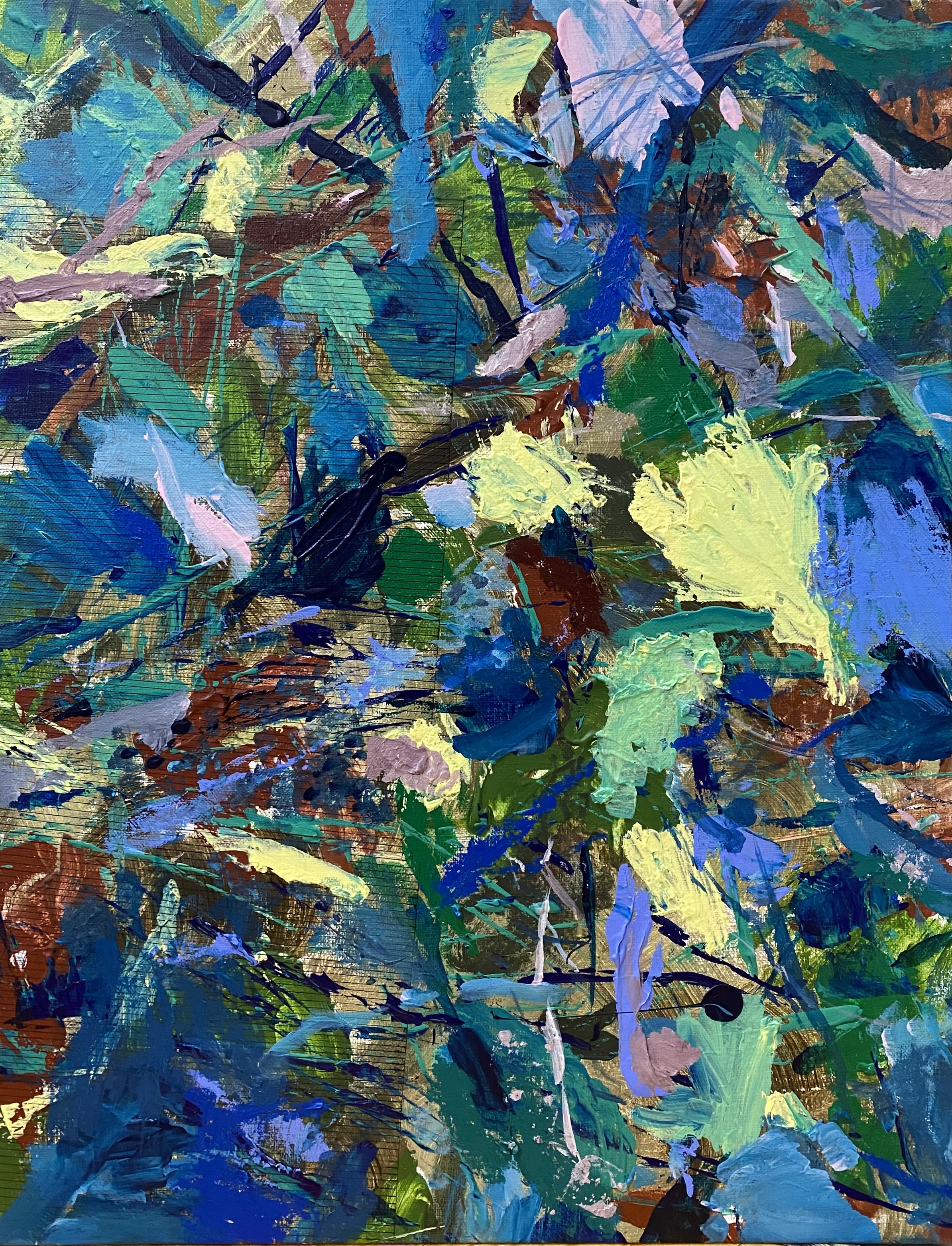 Blue leaves, acrylic, oil stick, pen on canvas, 2023-2024