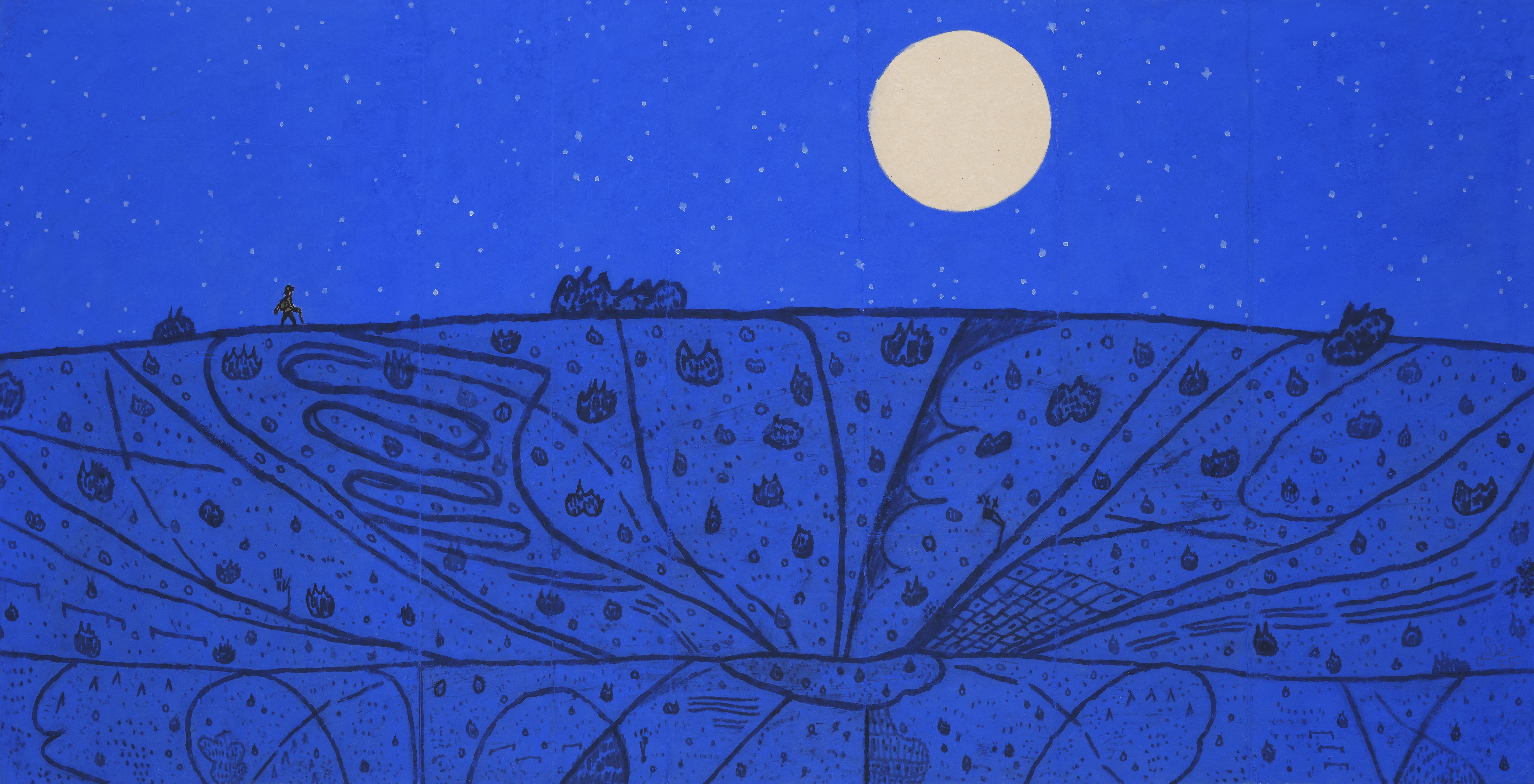 On the way in midnight 2, 장지에 먹·분채, 76x144cm, 2025
