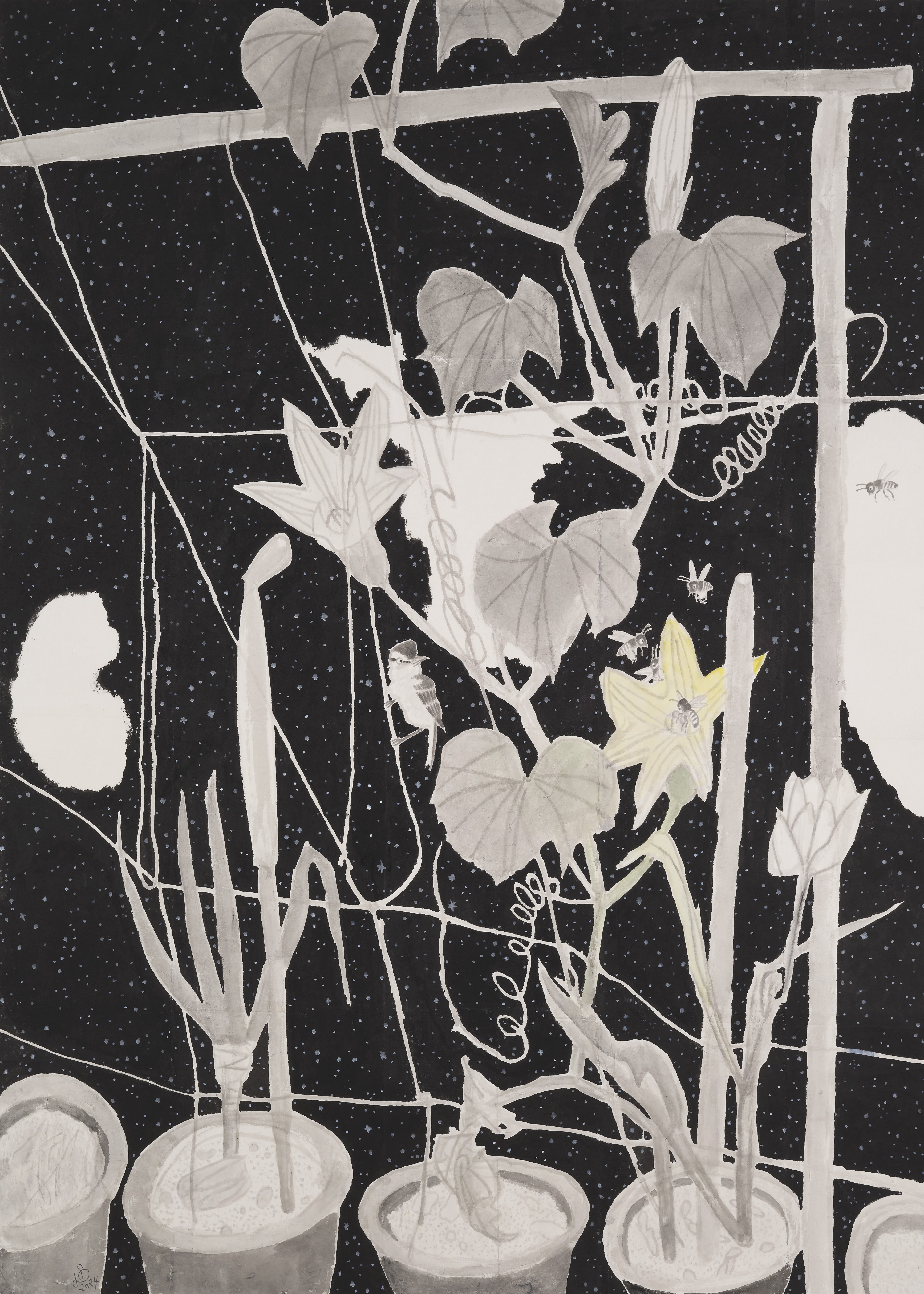 낮별-호박(수묵), 장지에 먹·분채, 186x125cm, 2024

