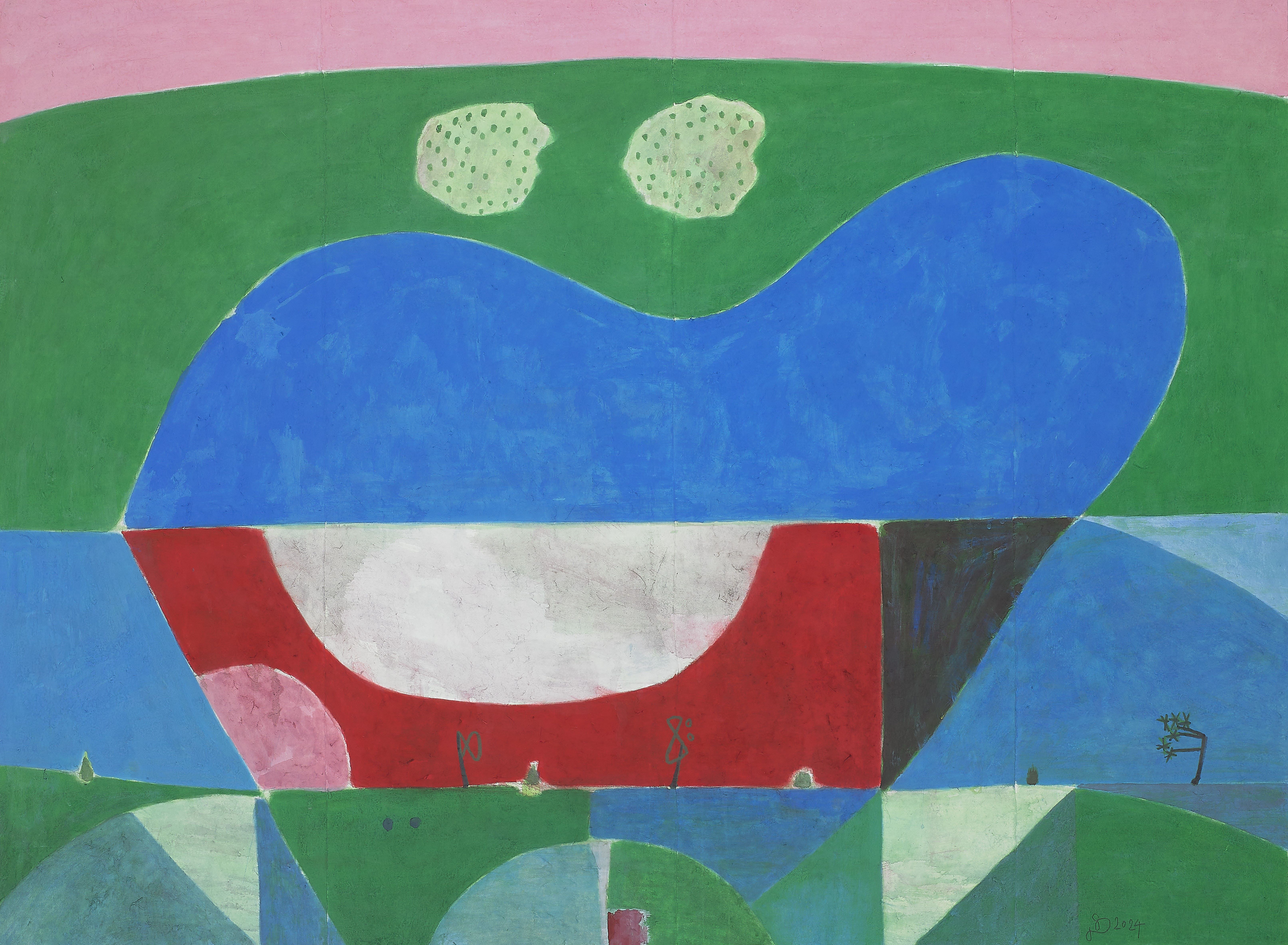 느린풍경-그사이, 장지에 분채, 95x135cm, 2024
