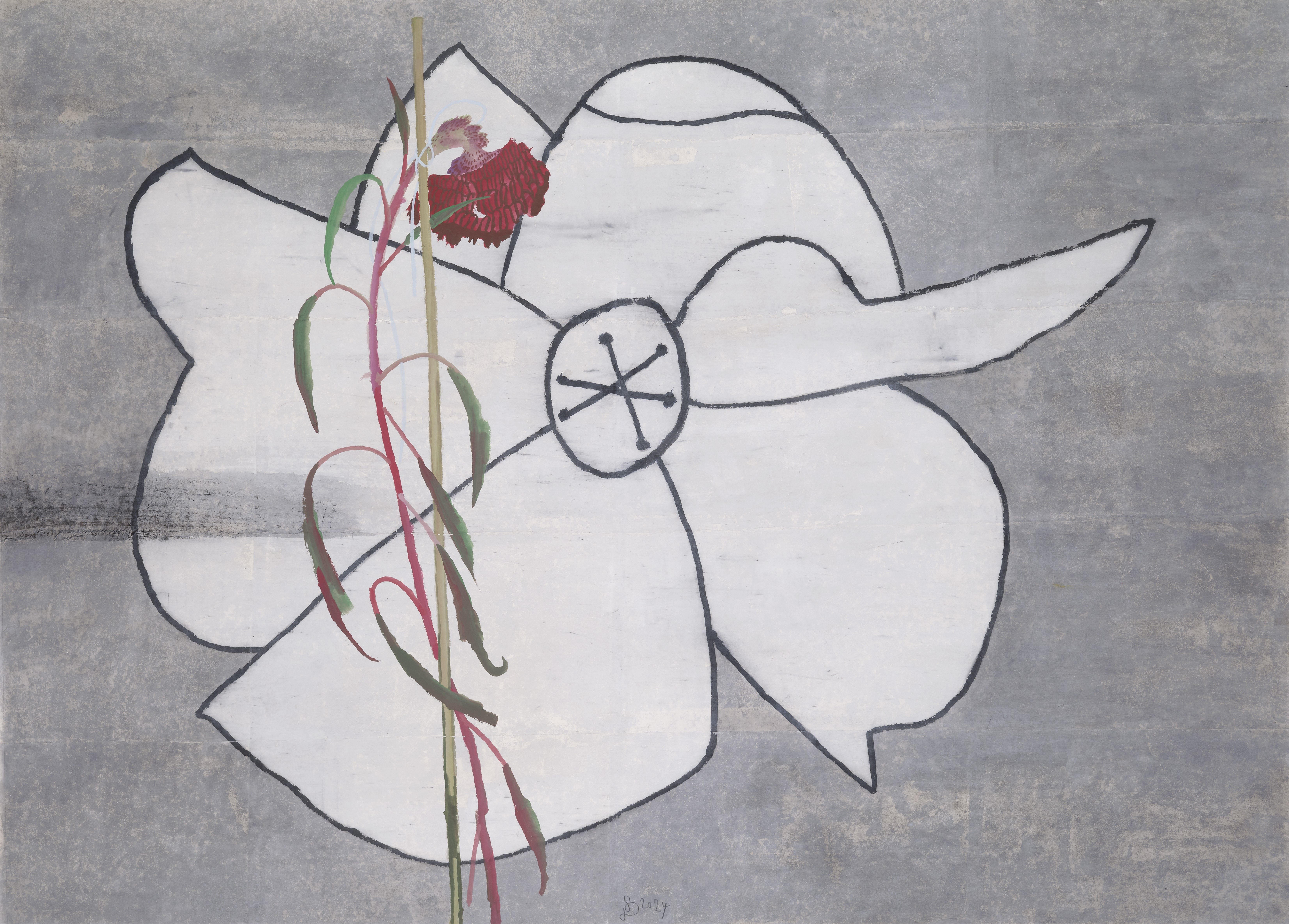 지지않는 꽃, 장지에 먹·분채, 132x182cm, 2024
