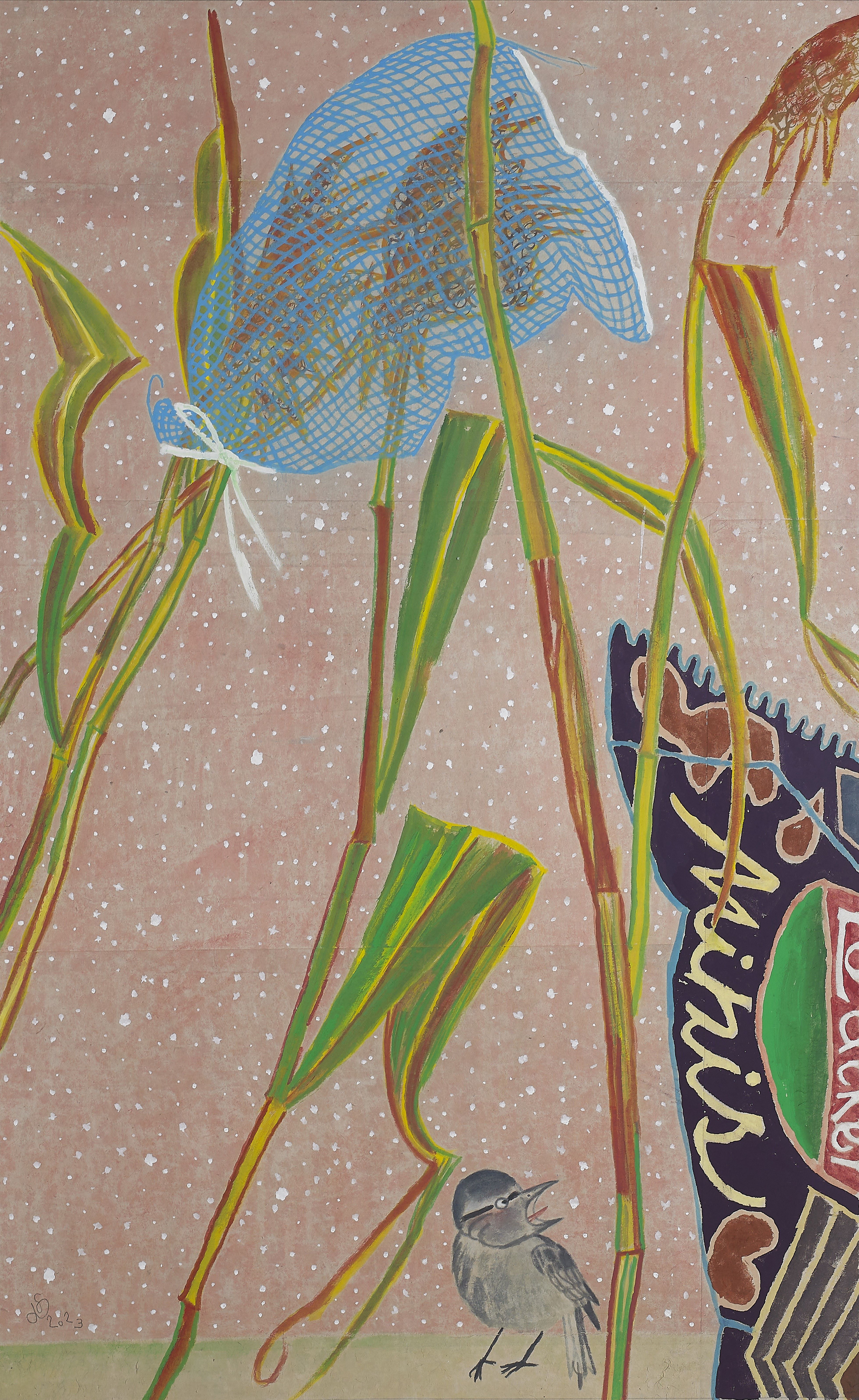 낮별-개개비, 장지에 분채, 135x83cm, 2023
