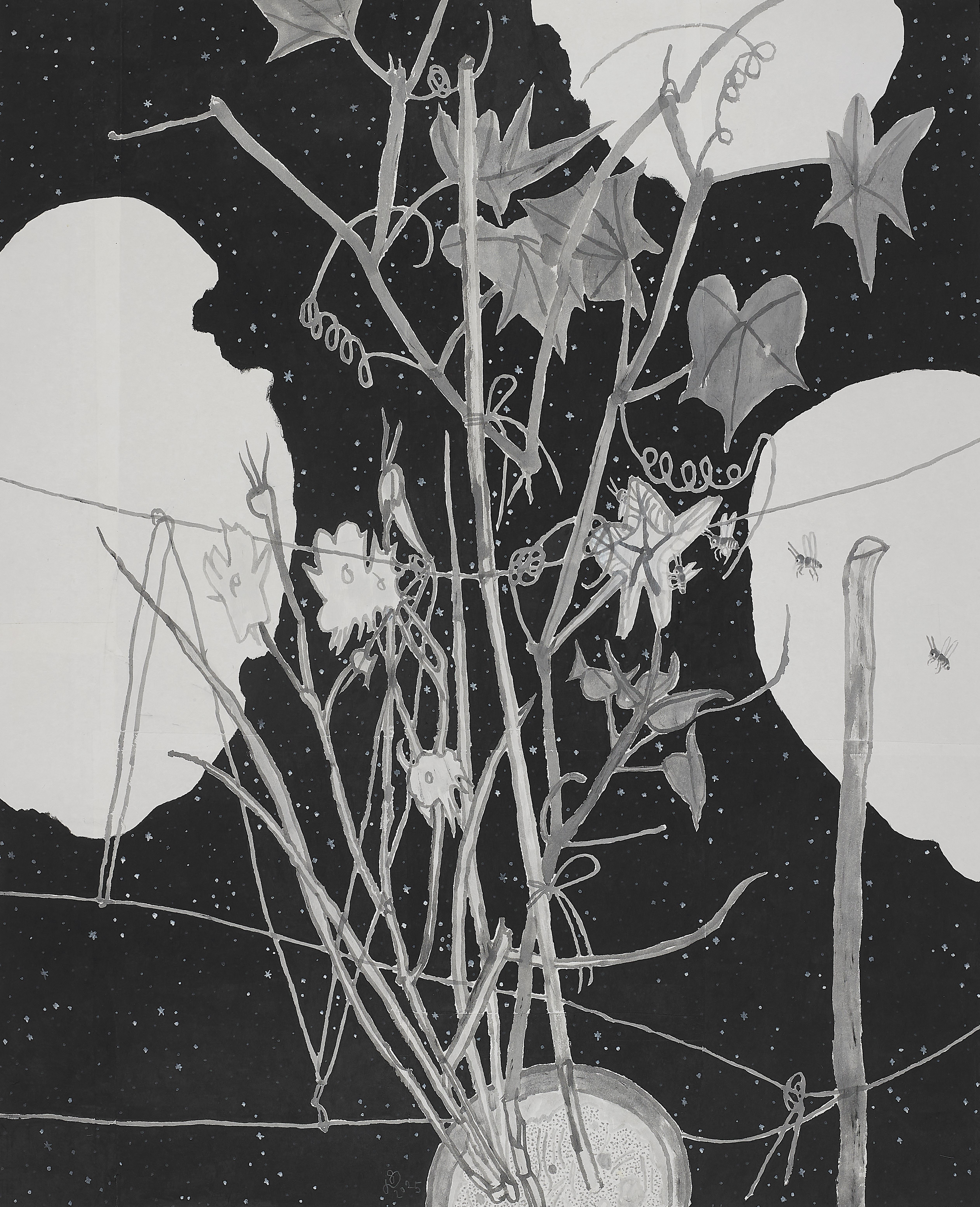 낮별-꿀벌들, 장지에 먹·분채, 162x130cm, 2025
