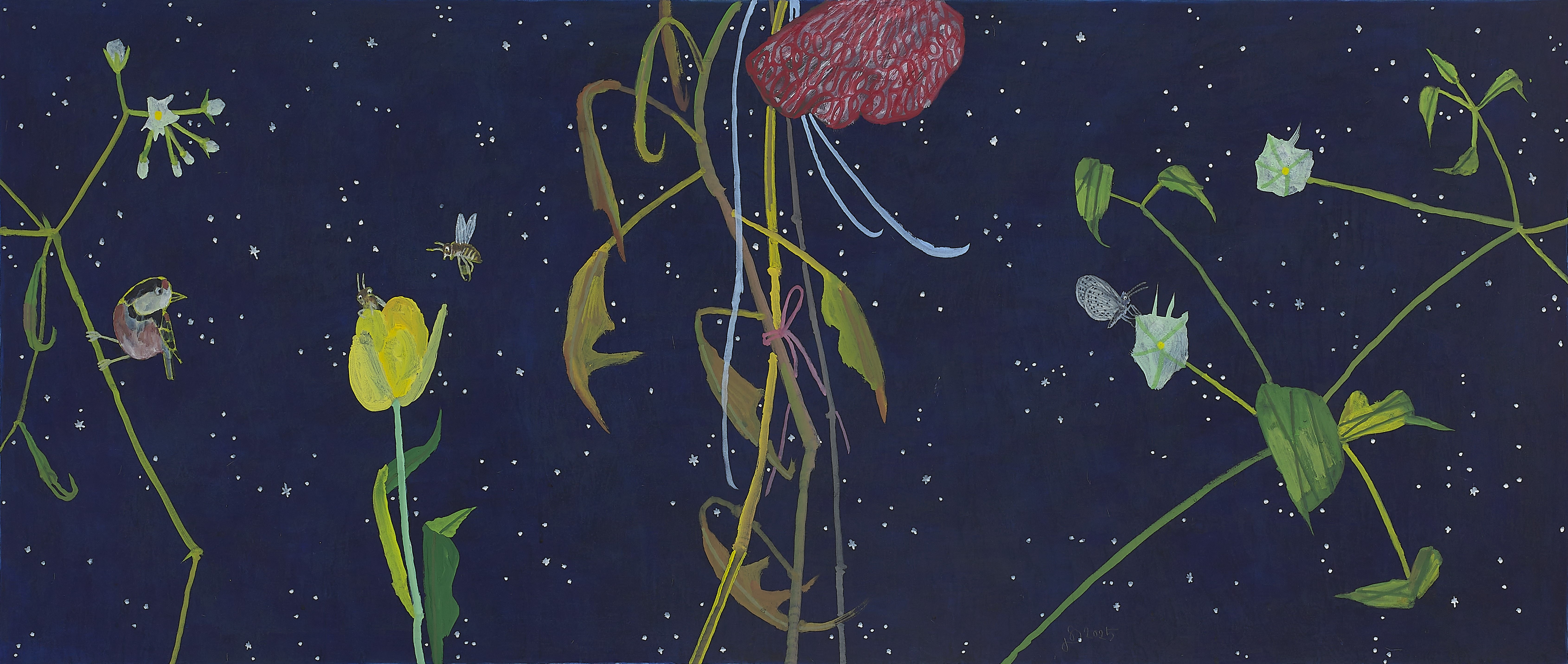 낮별-맨드라미, 장지에 분채, 71x167cm, 2025
