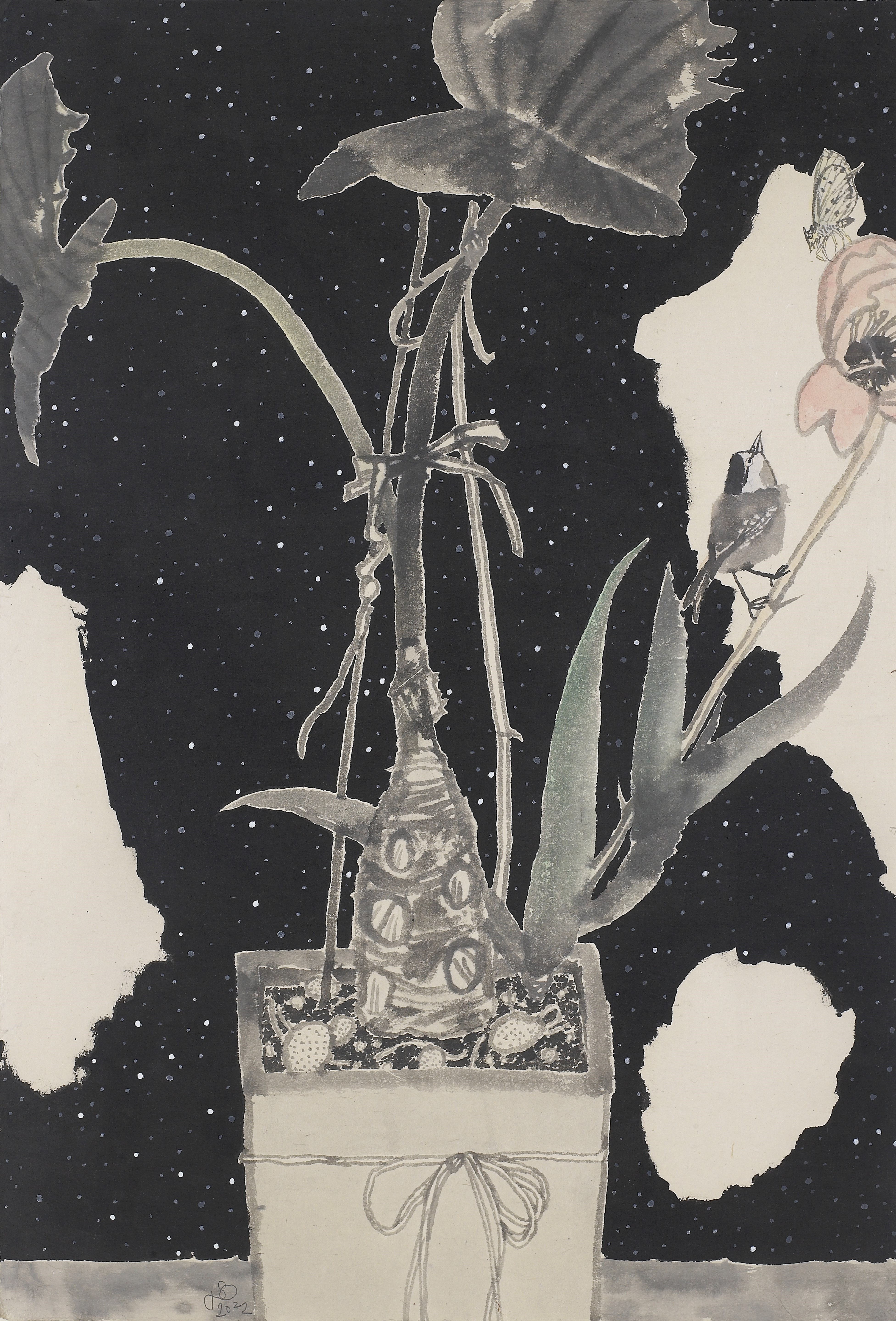 낮별-백 할미새, 장지에 먹·분채, 94x64cm, 2022
