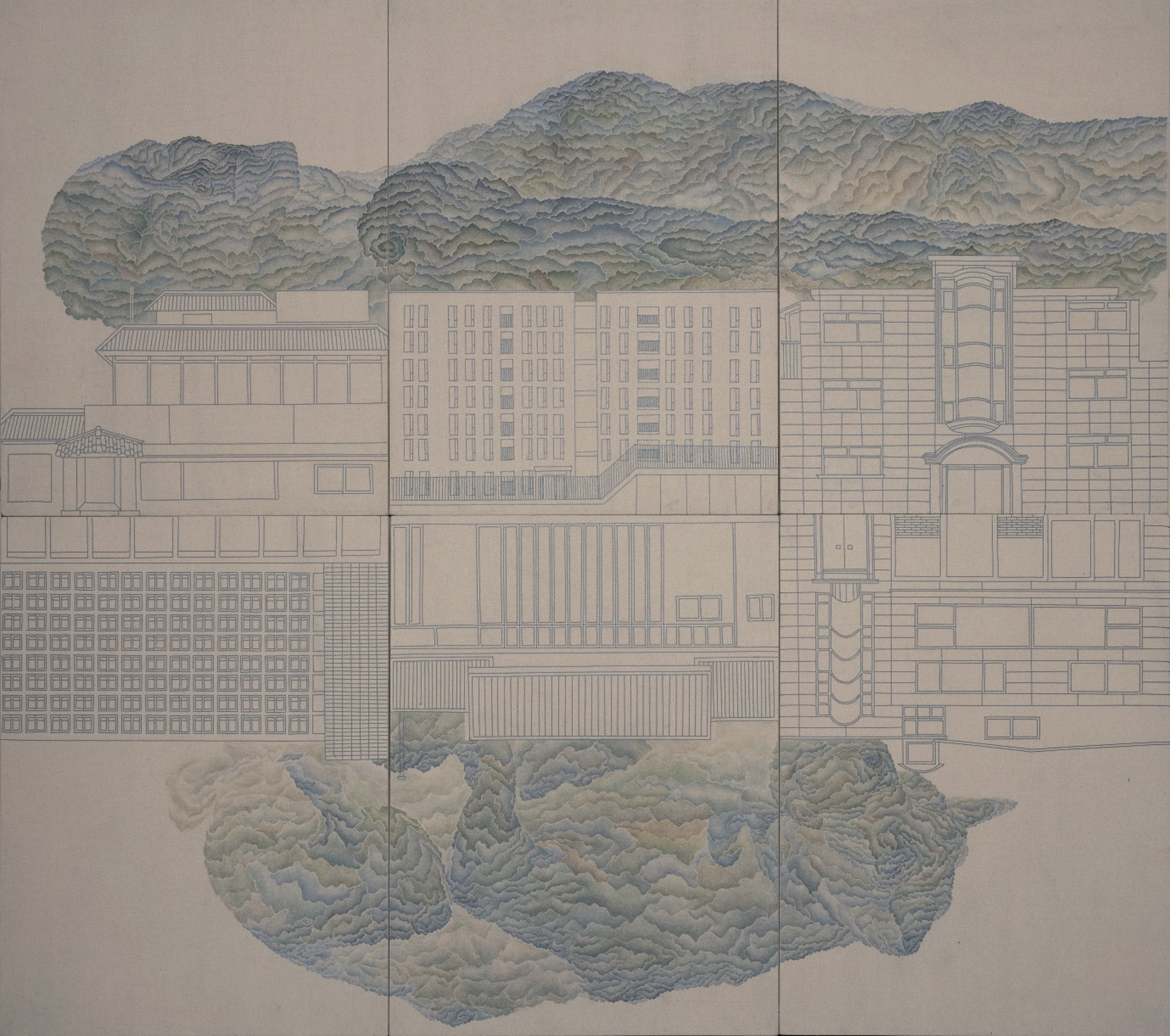 서로에게 내리다, 광목에 채색, 라인테이프, 130x145.5cm, 2021