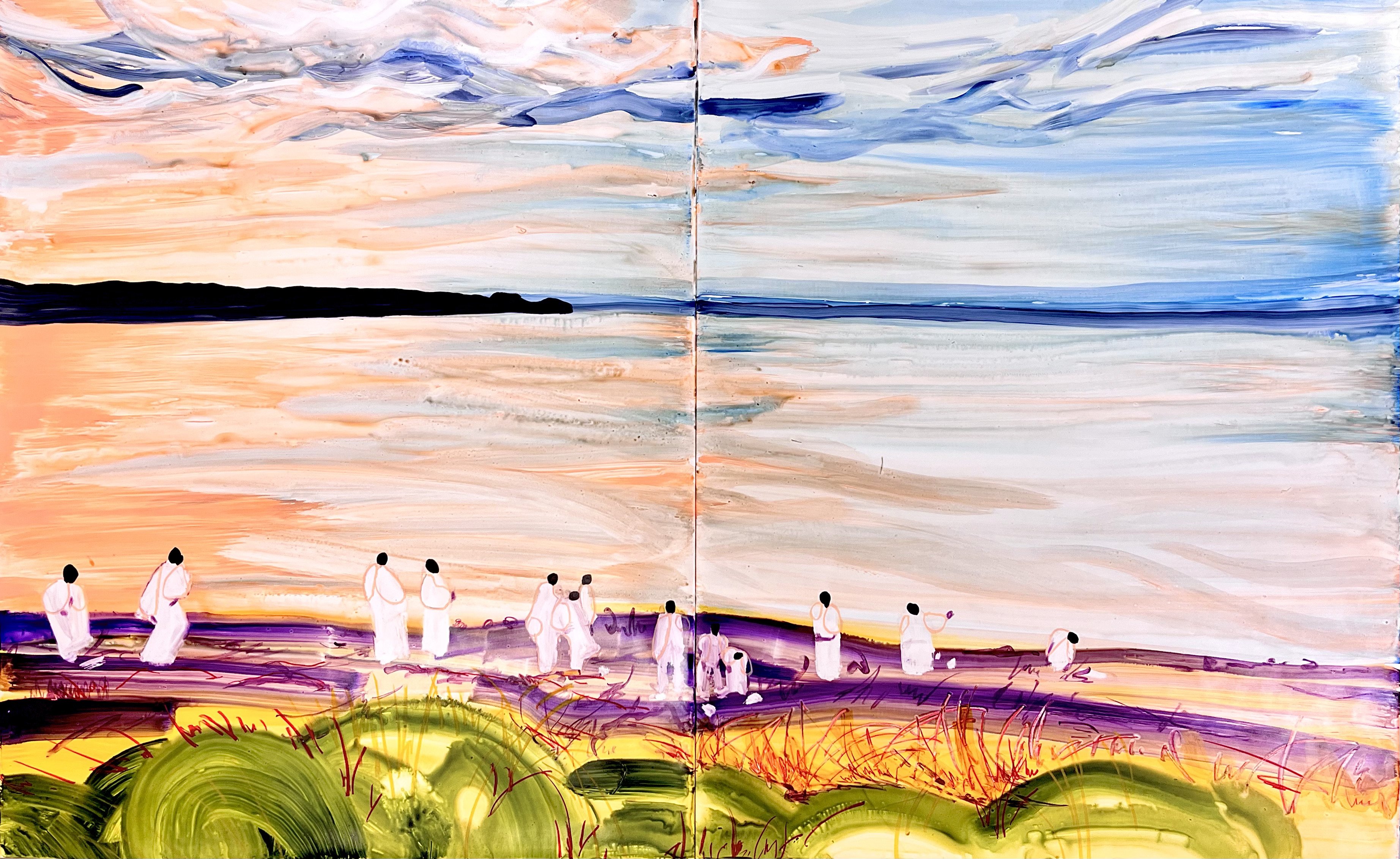 나카바야시 아리사, Untitled : This side of the river 2025 #02, Acrylic, oil pastel, marker pen on paper, 100x160.6cm, 2025