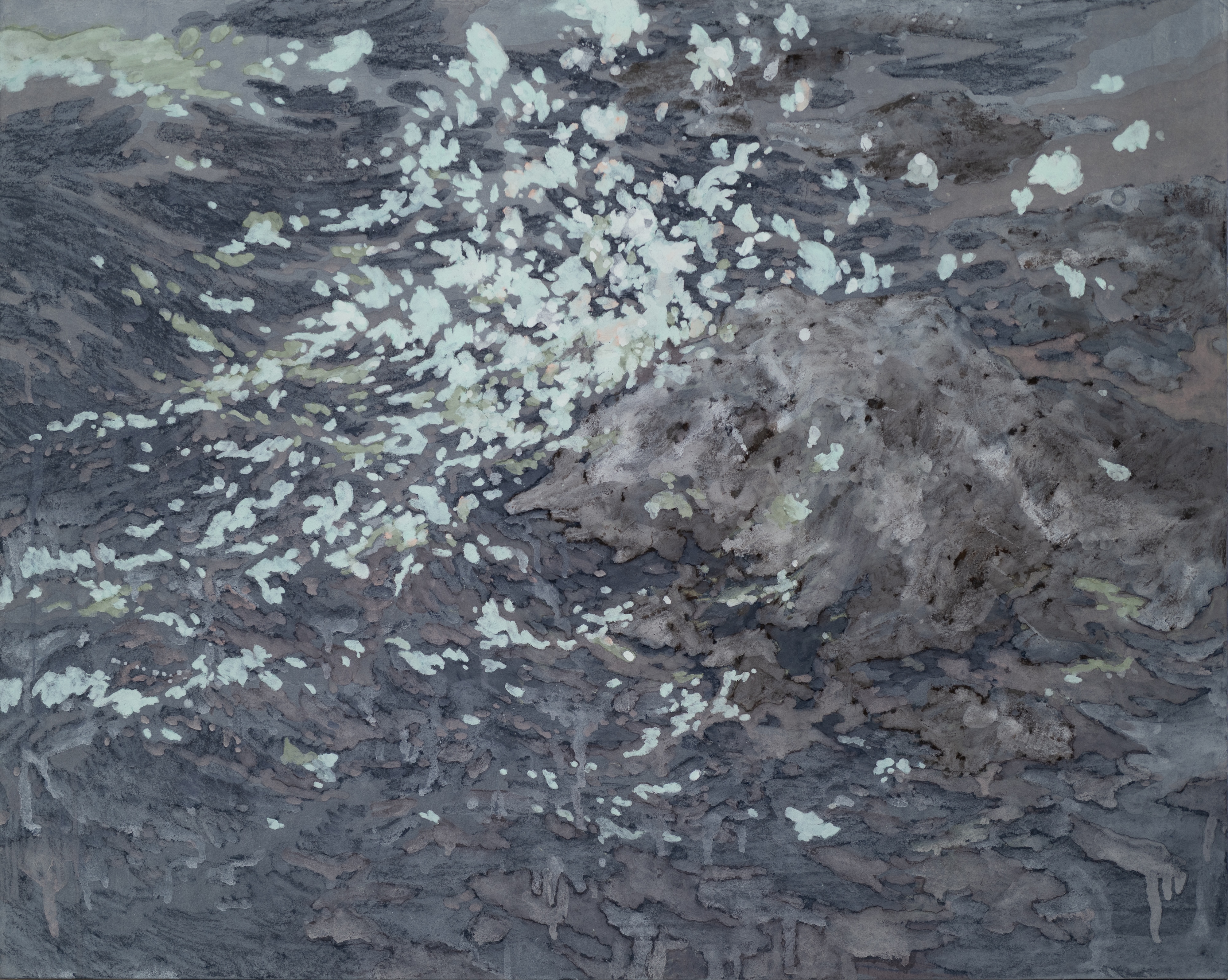 빗물이 바다가 되는 법, 장지에 물감, 파스텔, 호분, 72.7x90.9cm, 2025 