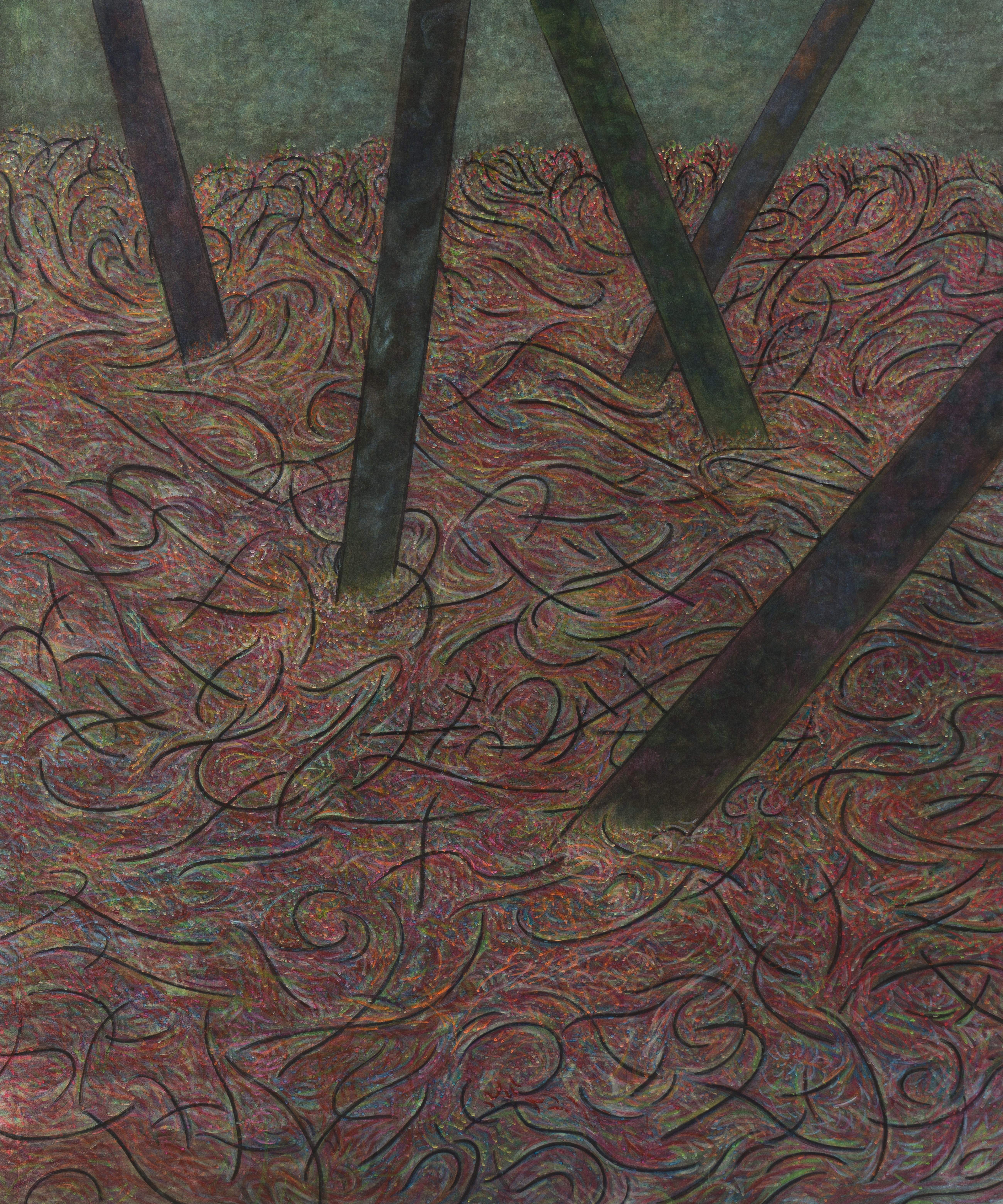 다섯 가닥의 새벽, 장지에 주묵, 분채, 콘테, 180x150cm, 2025