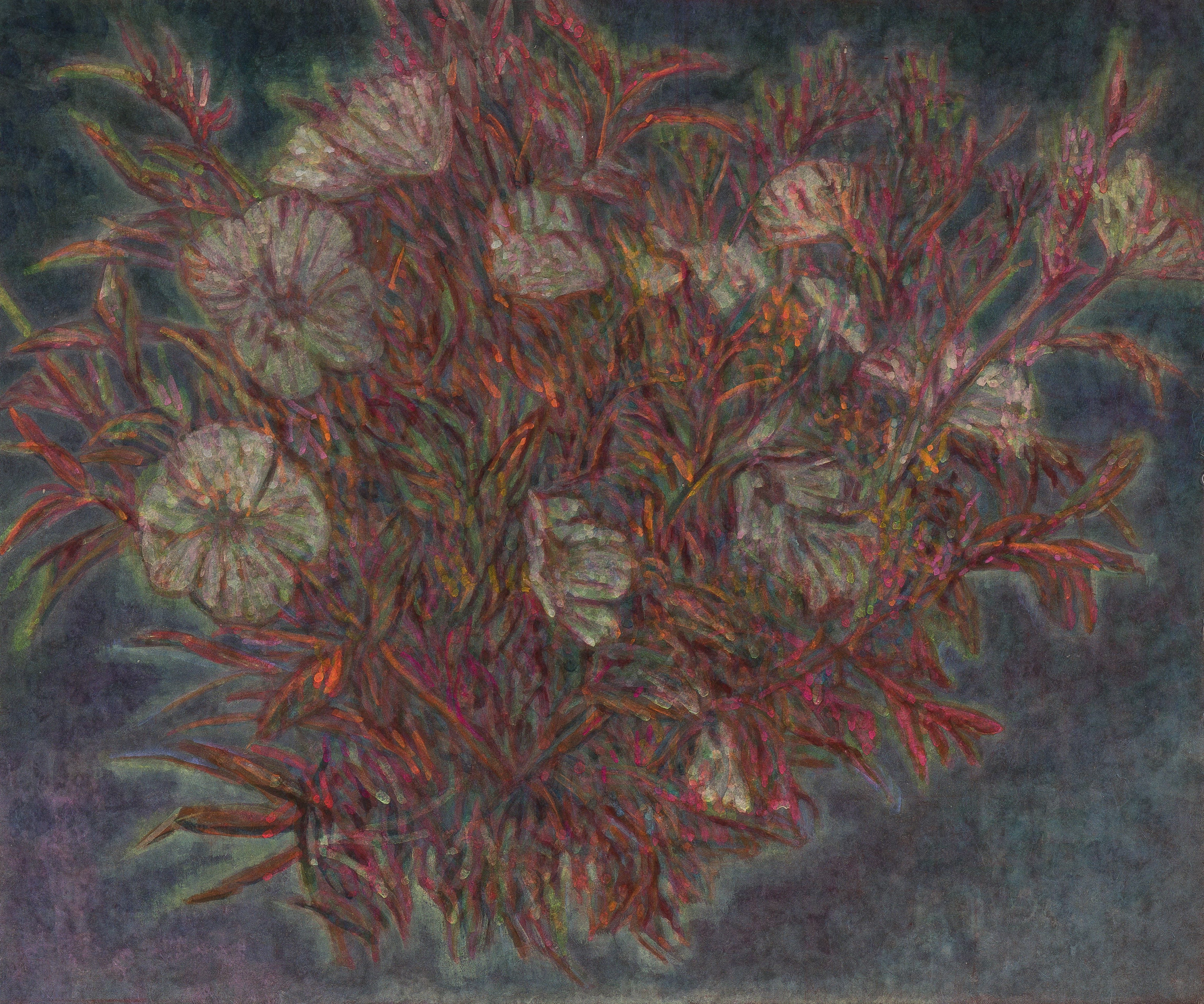 새벽의 왕-달맞이꽃, 장지에 주묵, 분채, 37.9x45.5cm, 2025