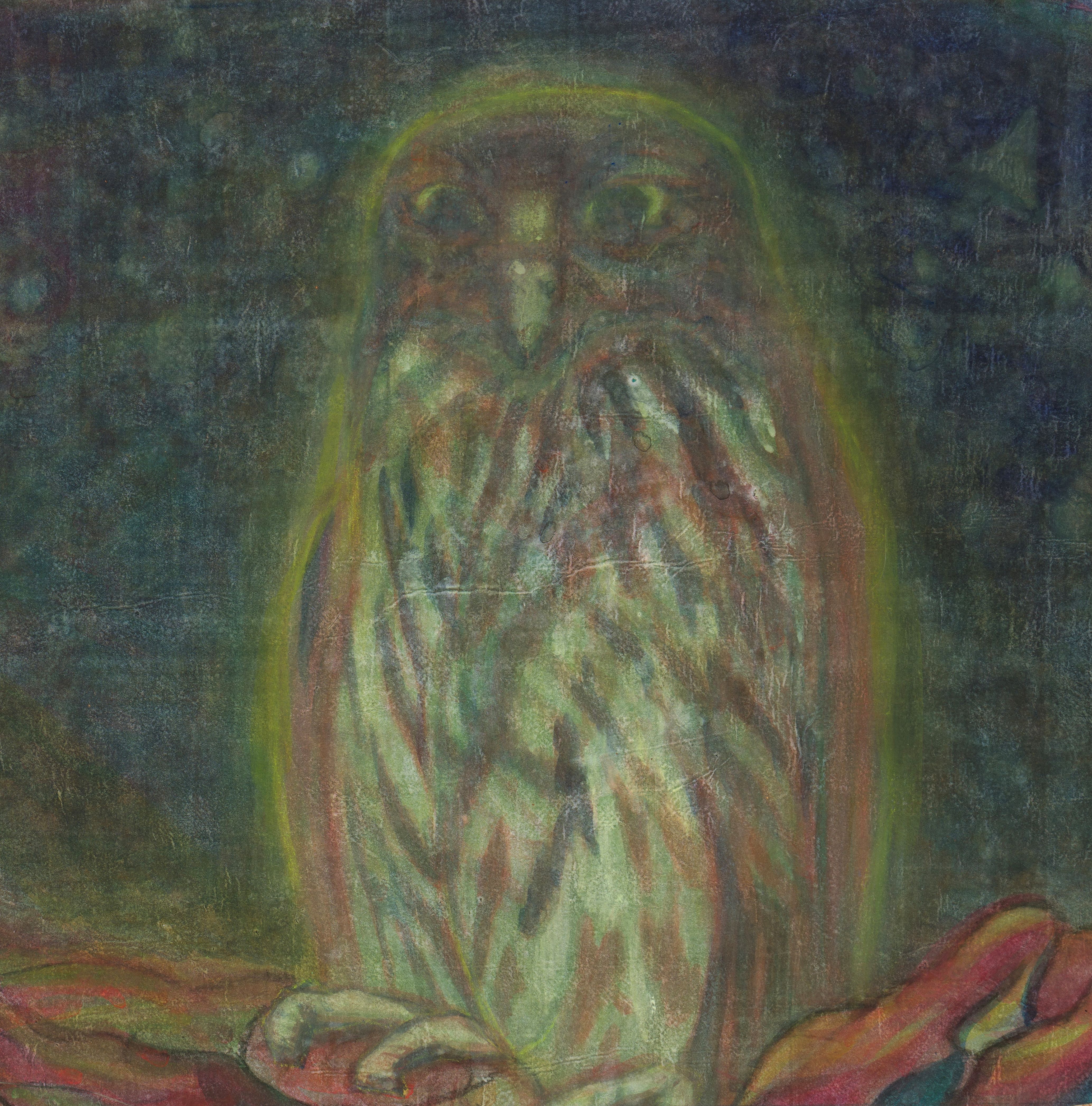 새벽의 왕-올빼미, 장지에 분채, 콘테, 34x32cm, 2023