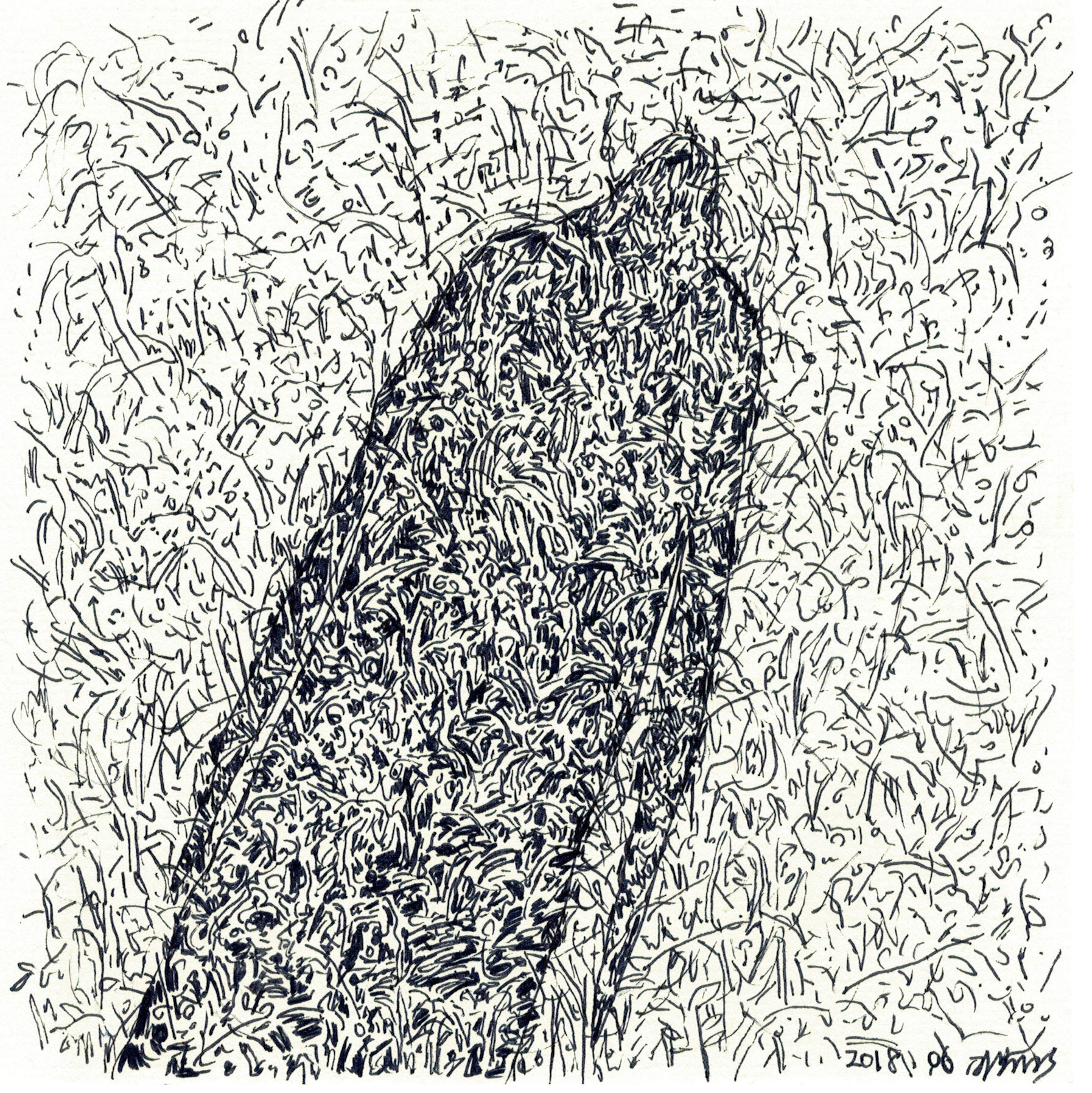 풀밭에서, 종이에 펜, 15.5x15.5cm, 2018