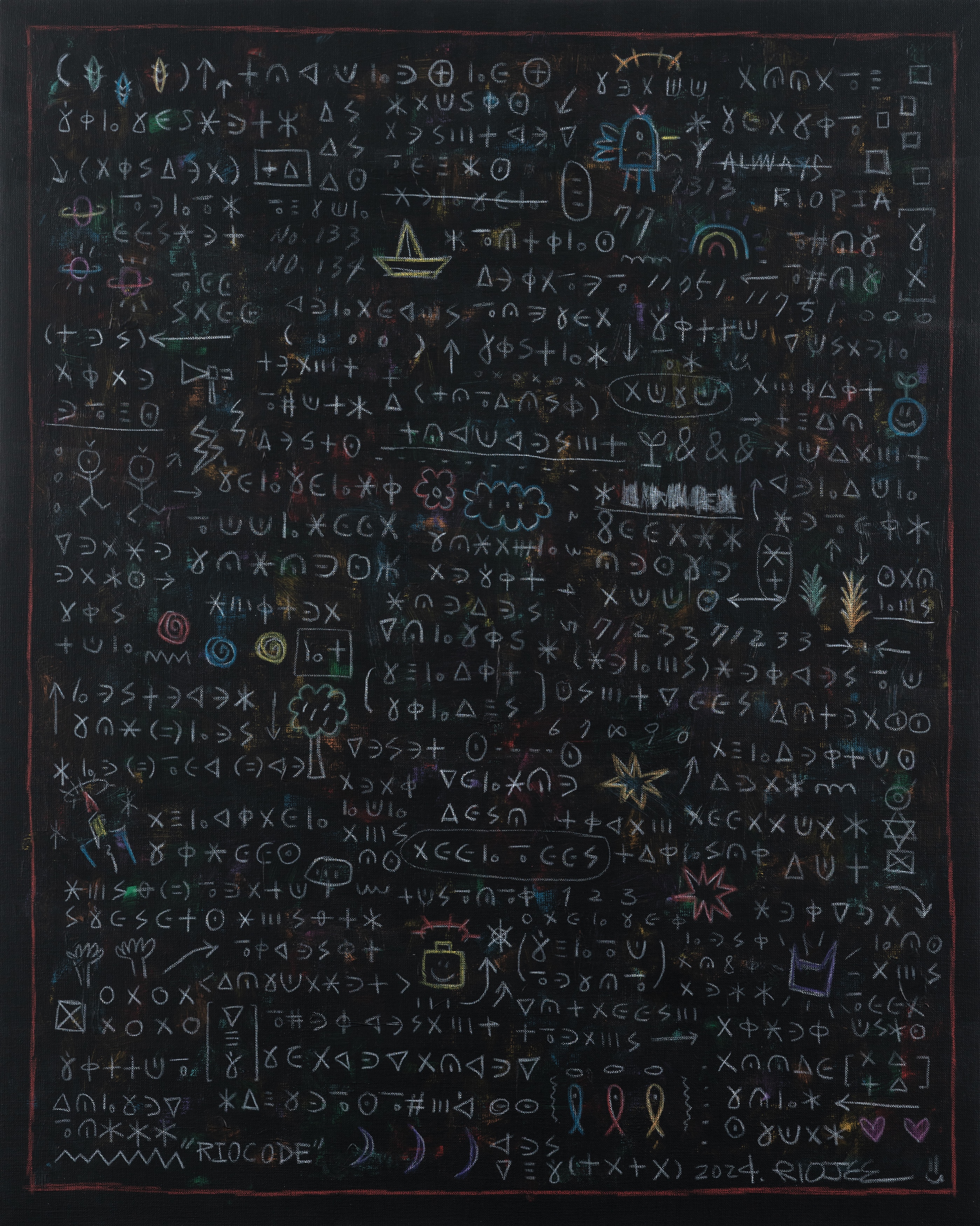 RIOCODE (lost voice 2402), Acrylic, wax pastel on canvas, 90.9x72.7cm, 2024
