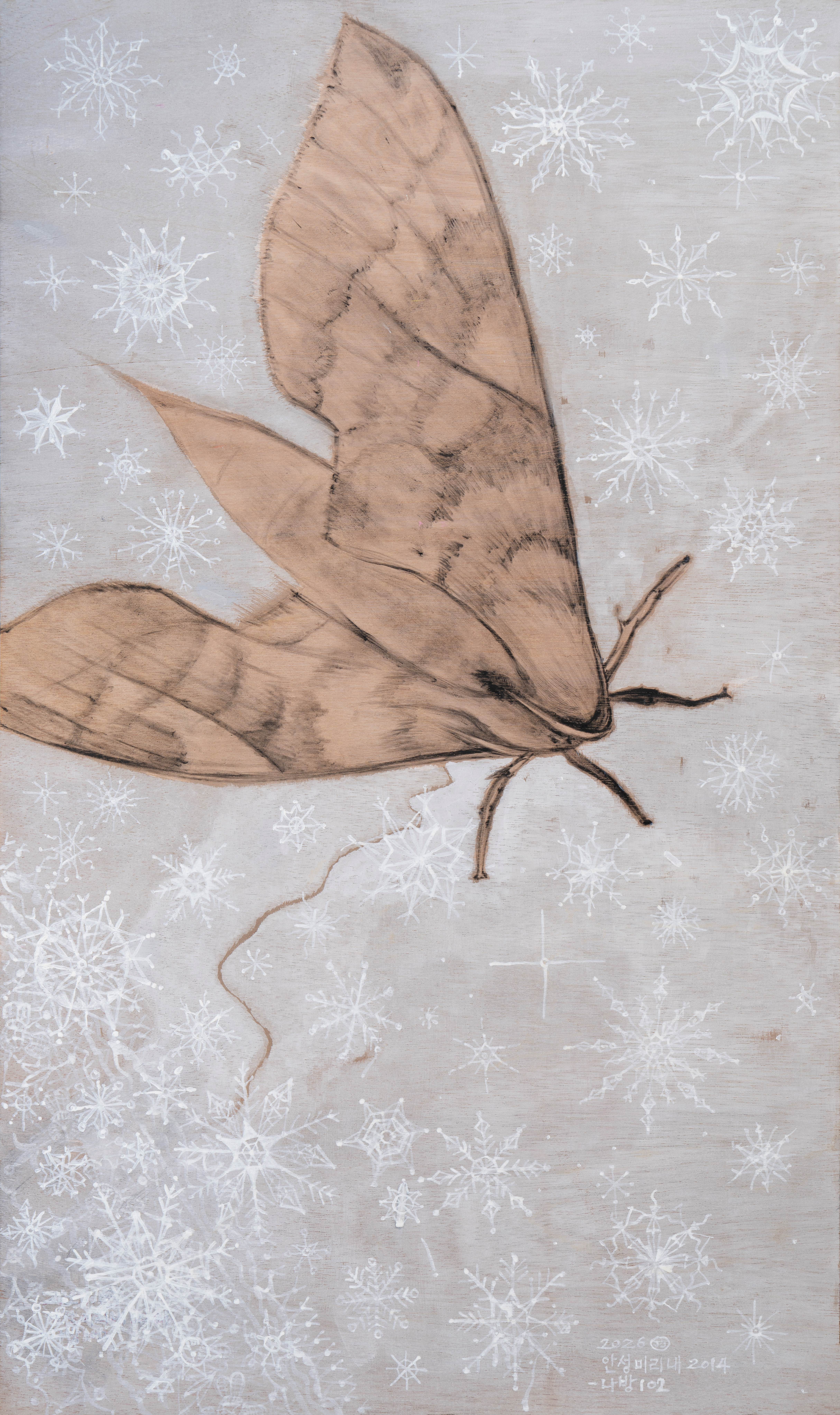 나방-미산리102, 2026, 나무 판넬 위에 아크릴, 90x53cm