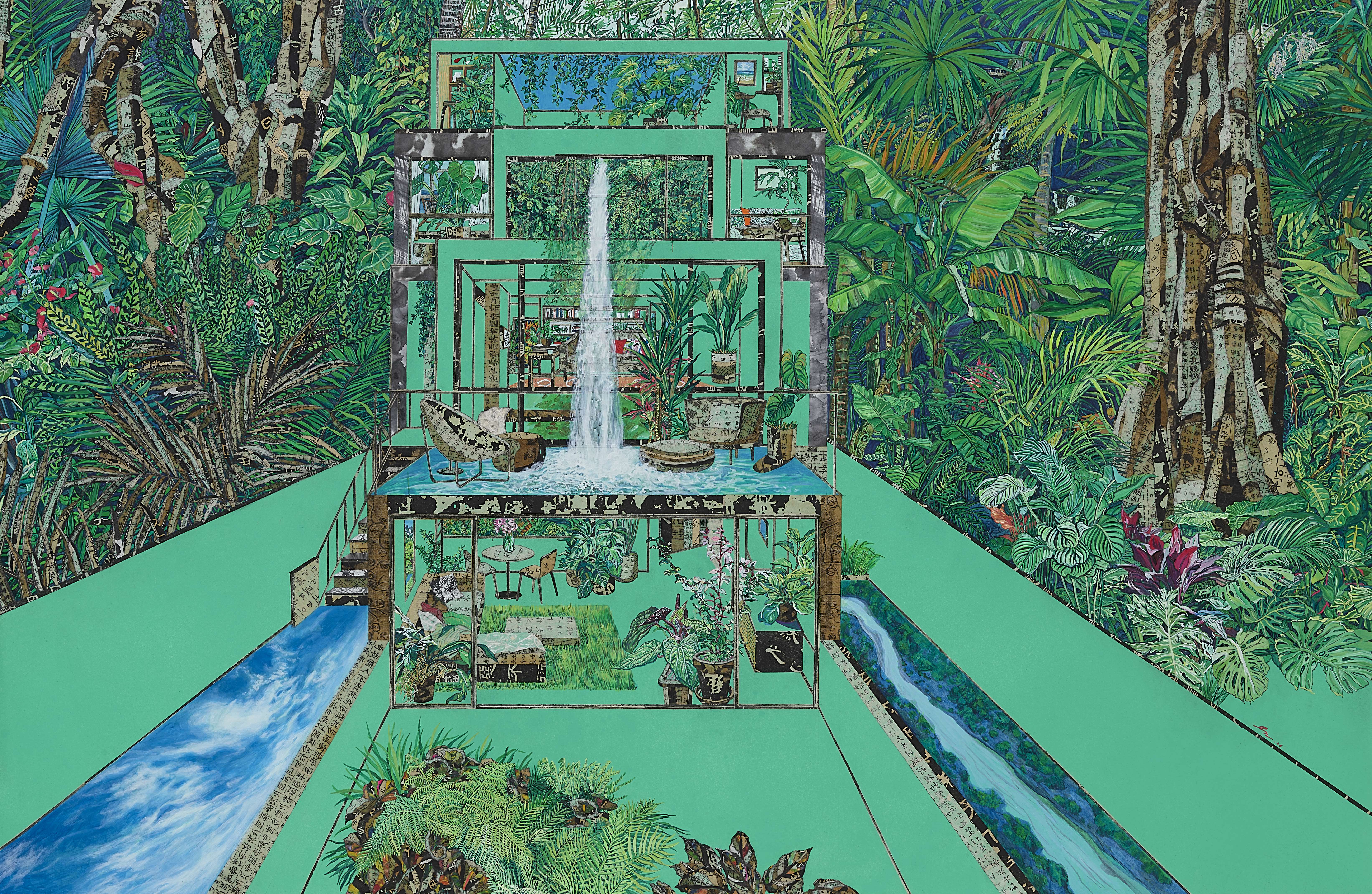 너의 방에 숲이 무성할 때 1, 한지에 고서 꼴라쥬, 수묵, 아크릴, 130×194cm, 2026