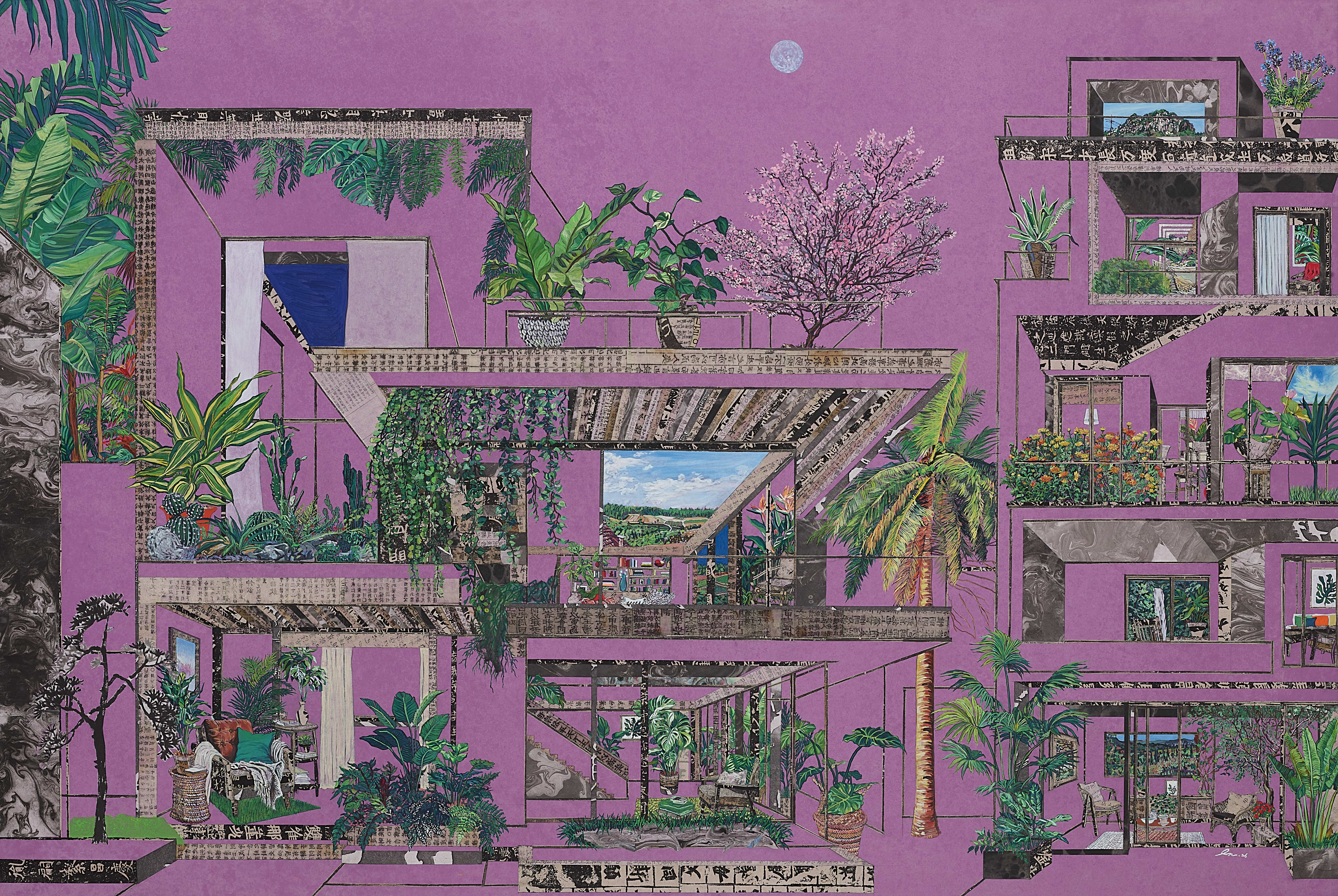 너의 방에 숲이 무성할 때 3, 한지에 고서 꼴라쥬, 수묵, 아크릴, 130×194cm, 2026