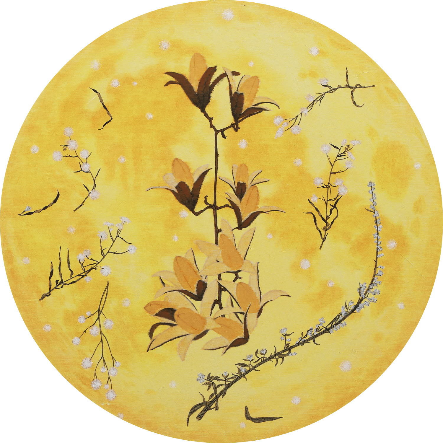달과 잡초들1 (The moon and weeds), diameter50cm, 장지에 채색, 2022