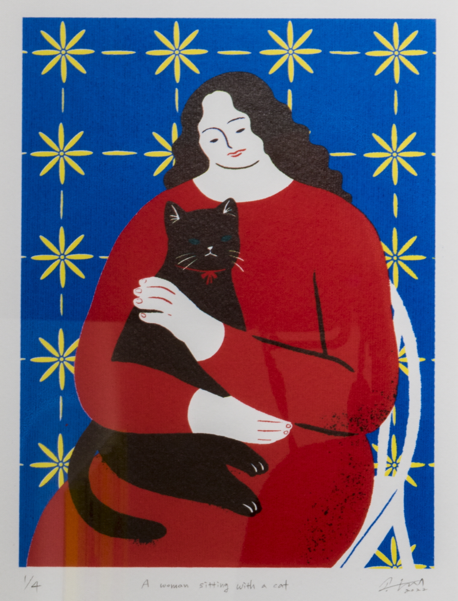A woman sitting with a cat, silkscreen on paper, 26x20cm, 2022