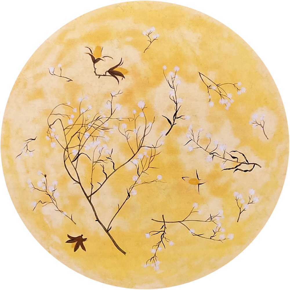 3F Gallery, M'cube 손승범, 달과 잡초들2 (The moon and weeds), diameter50cm, 장지에 채색, 2022